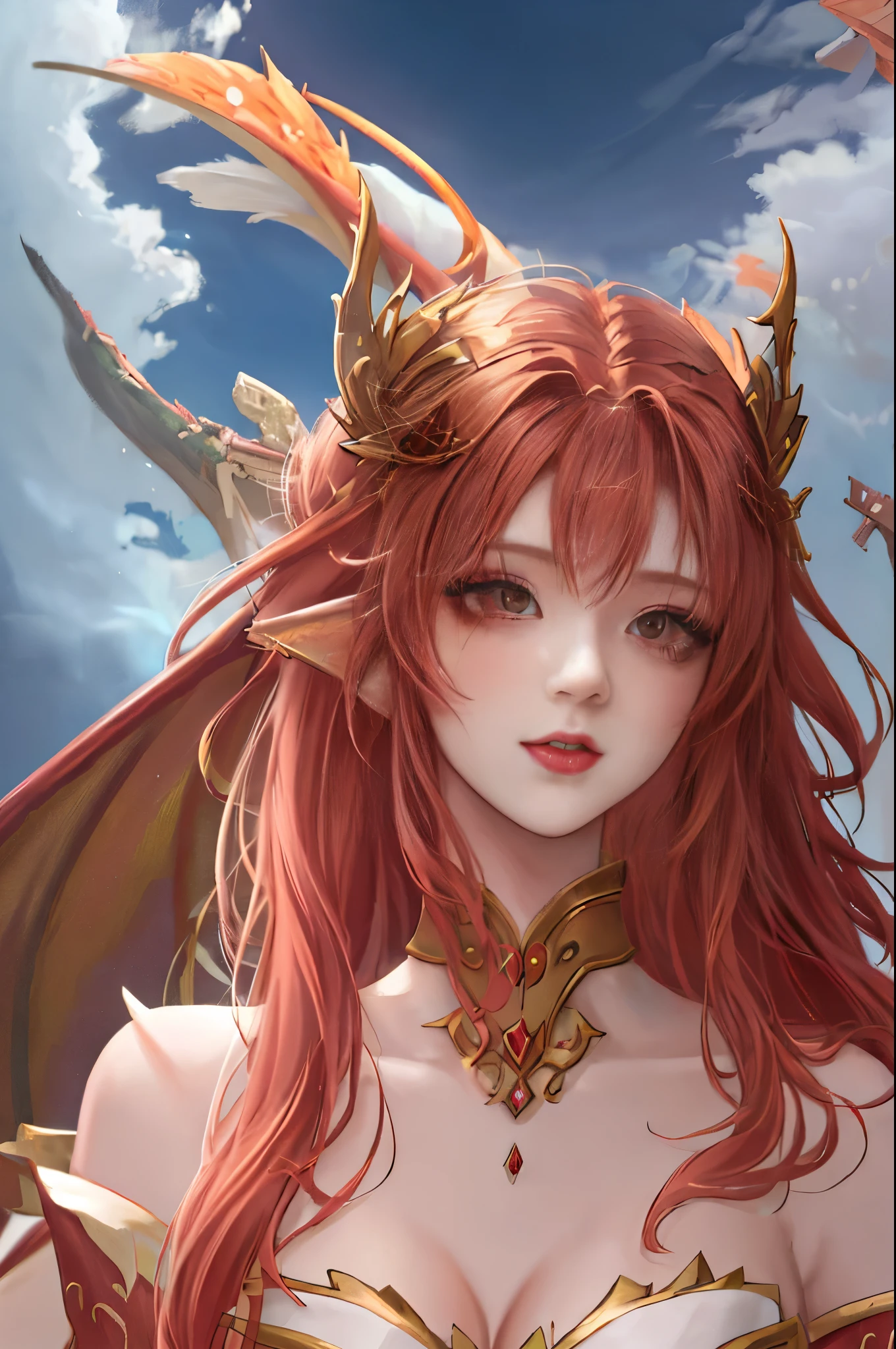 Anime girl with red hair and wings in desert environment, dragon girl, Dragon Queen, queen of dragons, dragon girl Portrait, by ヤン・J, beautiful succubus, detailed digital anime art, detailed anime art, anime fantasy illustration, epic fantasy art style, detailed anime artワーク, fusion of humans and dragons, anime fantasy artwork, background dragon, epic anime artwork