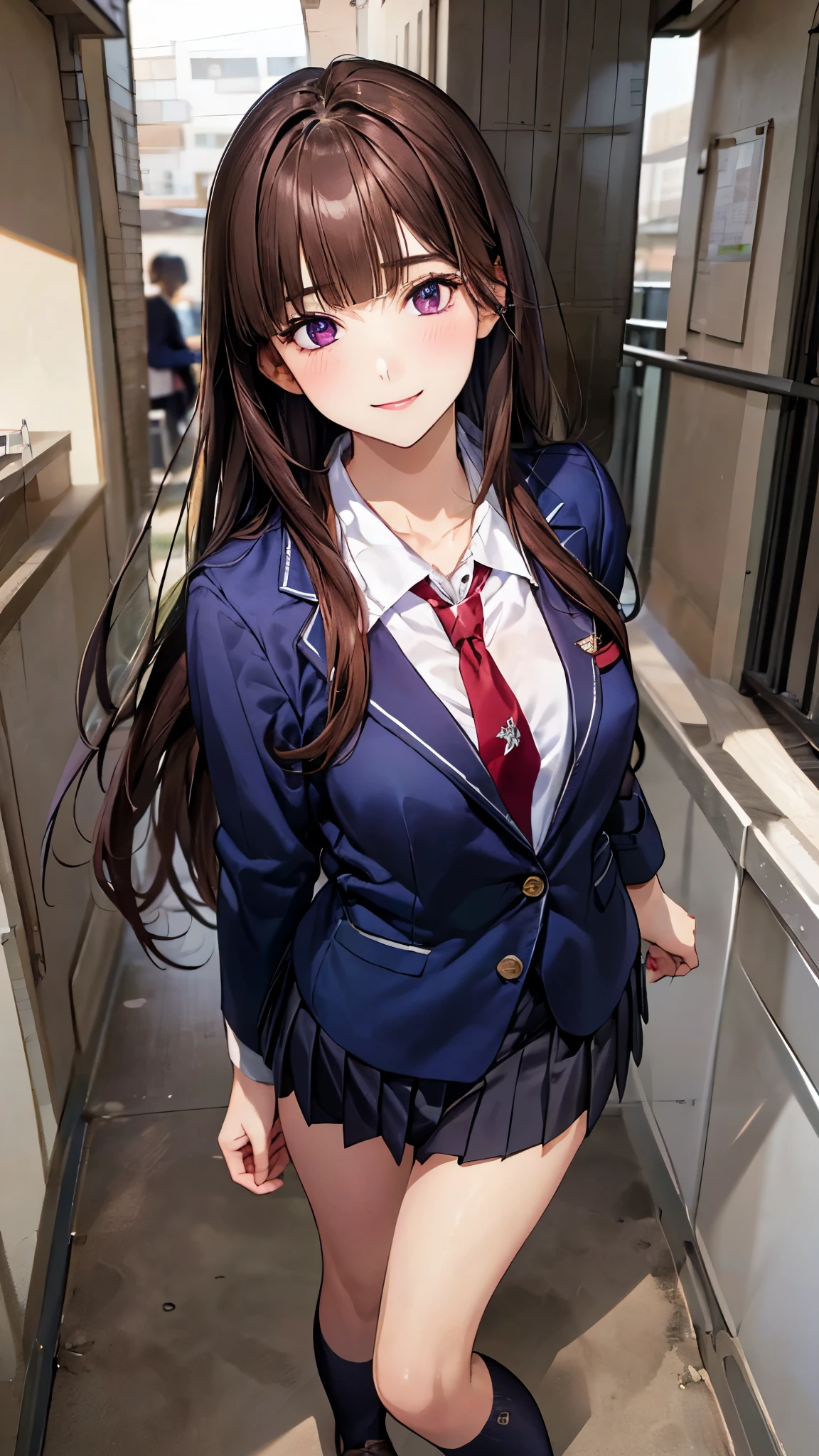 (masterpiece:1.2, top-quality), (realistic, photorealistic:1.4), beautiful illustration, (natural side lighting, movie lighting), nsfw,
looking at viewer, 1 girl, japanese, high school girl, perfect face, cute and symmetrical face, shiny skin,
(long hair:1.5, straight hair:1.4, purple brown hair), blunt bangs, purple eyes, long eye lasher, (medium breasts), slender,
beautiful hair, beautiful face, beautiful detailed eyes, beautiful clavicle, beautiful body, beautiful chest, beautiful thigh, beautiful legs, beautiful fingers,
((private high school uniform, school navy blazer, close blazer, white collared shirts, navy pleated mini skirt), navy tie),
(beautiful scenery), evening, (school hallway),, standing, (lovely smile, upper eyes),