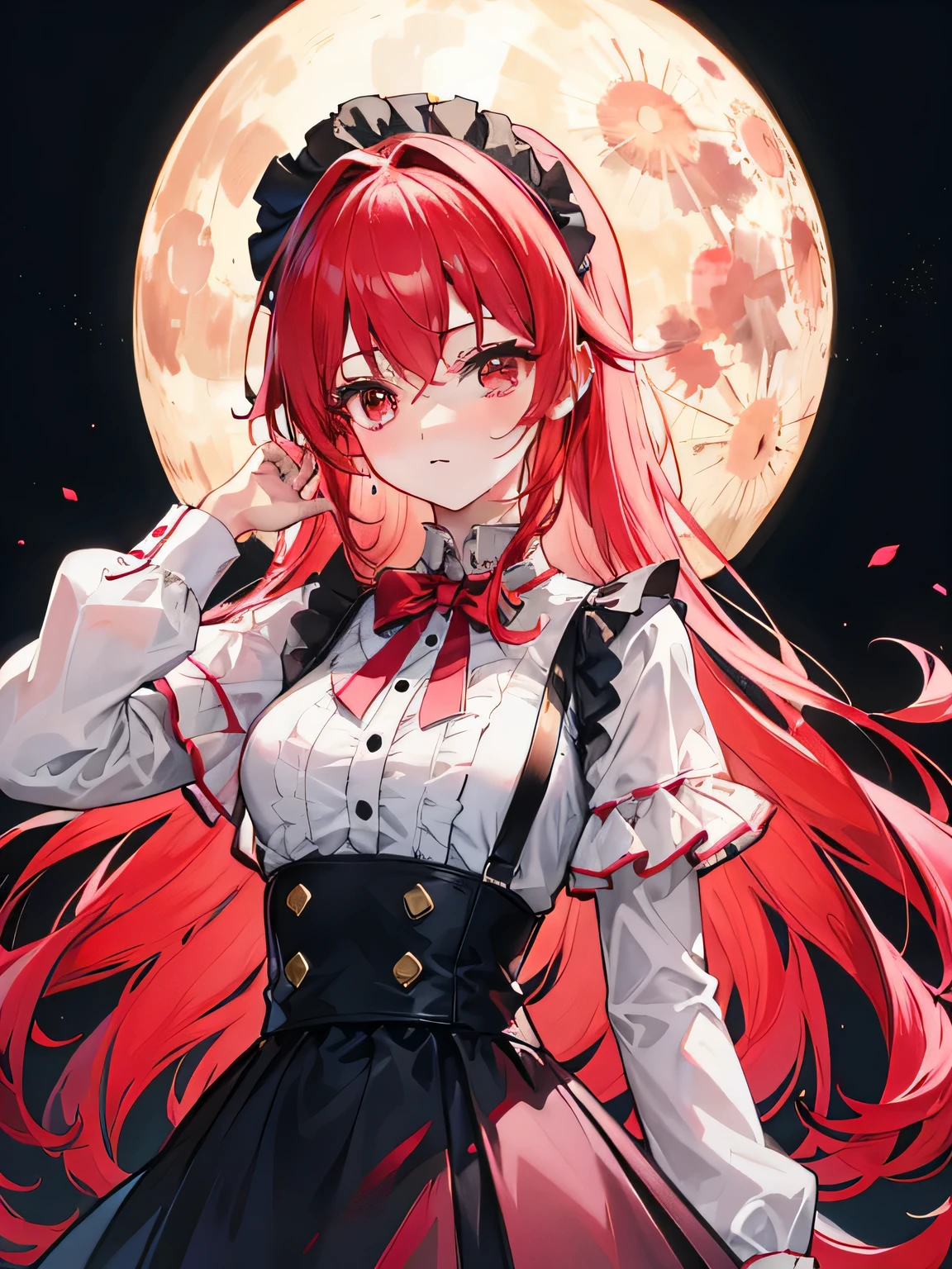 {{highest quality}}, {{masterpiece}}, {{Super detailed}}, {shape}, {detailed light}, redhead,red eyes,redhead,Curly Twin,lolita,suspender skirt,wonderful,alone,long hair,Moonlight night