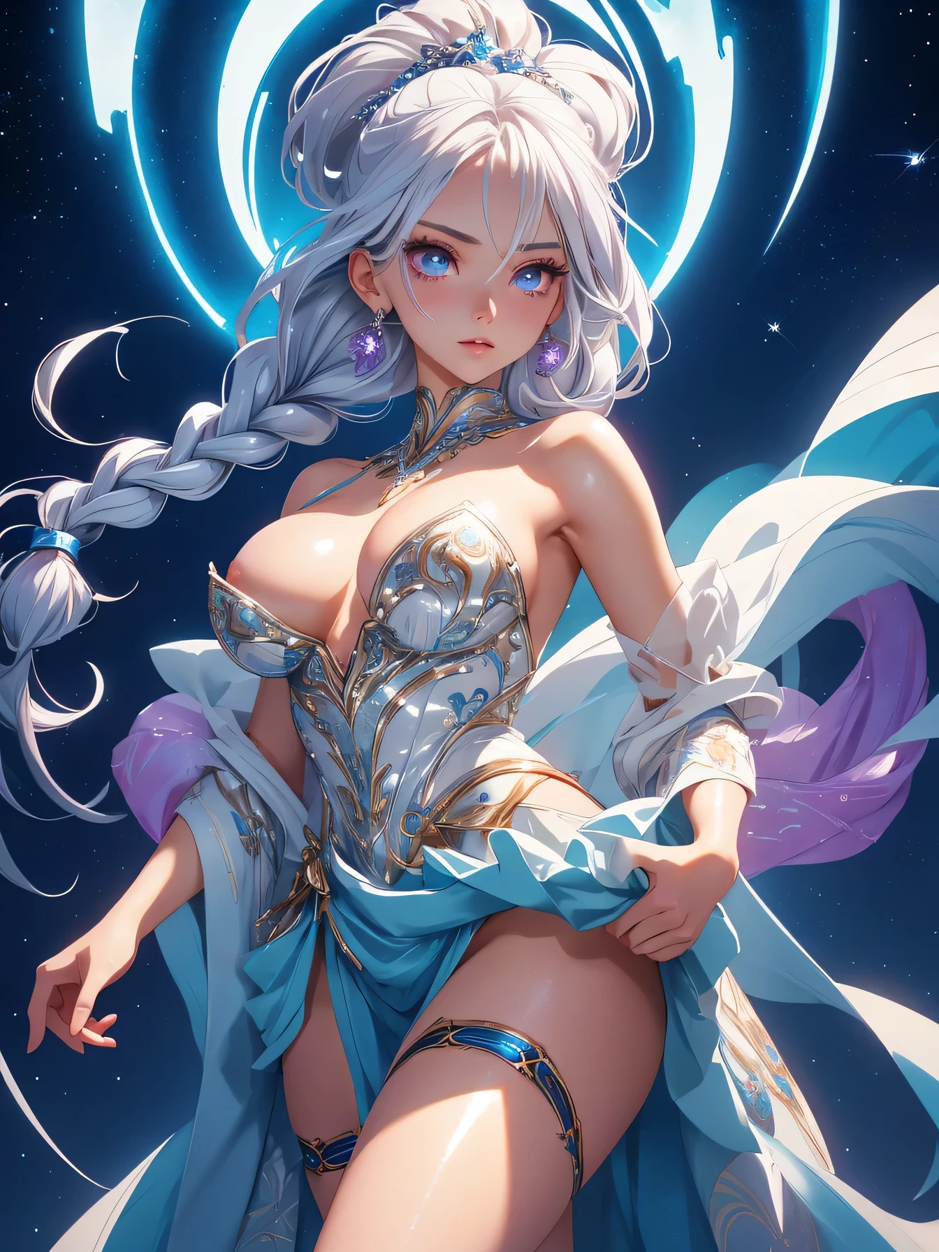 nsfw:1.1, high resolution:1.7, incredibly absurdres, kawaii:1, cute:1.5, hires.fix,anime visual:1,incredibly fine illustration,8k,masterpiece:1.2,best quality, high quality, exquisite, beautiful,insanely detailed, intricate detailed, extremely detailed, Super Definition,ultra high res, Super Resolution, best aesthetic, ultra detailed:1.5,best quality, perfect face, detailed face, masterpiece:1.2, illustration:1.2, 8k cg wallpaper, stunning art,absurdres,octane render,ultra hires,
Japanese Actress,(Idol),18yo,Beautiful,(Cute and lovely),cute girl,((anime elf with extremely cute and beautiful silver hair)),((((silver hair:1.35,silver single braid,colored inner hair,ear breathing)))),intricate eyes,beautiful detailed eyes,symmetrical eyes,big eyes:1.5,enchanting bright eyes studded with gold and silver dust,(((pinky skin,glowing_skin,lustrous skin:1.5,bright skin: 1.5,skin tanned,shiny skin,very shiny skin,shiny body,plastic glitter skin,exaggerated shiny skin,illuminated skin))),upward breasts,waist slender,(detailed body,(detailed face)),cute,daring,zettai ryouiki,show skin,best relationship with four fingers and one thumb,Very Fine Face and Eyes,Very Fine Hair,(Perfect Anatomy),((girl trembling with sexual climax)),Garter Belt,Bare shoulders,Check out our thru-rack chokers and midi rings with chains,vibrant colors and smooth brushwork bangs, sidelocks, sharp eyes, 1 girl, solitary amidst the enchanted forest, her essence half-mythical. a tapestry of silver and amethyst, dances with the wind's gentle touch. Her eyes, orbs of celestial turquoise, hold the secrets of the stars. She wears a gown crafted from the moon's radiance, adorned with patterns of ancient runes that shimmer in the night's embrace.Close upperbody, dynamic Pose, cowboy shot, posing for a photo, looking at viewer, (front_view:0.8)(wide shot:1.2)cinematic lights, dark, highly detailed, hyper-realistic masterpiece, character design, volumetric lighting, cinem