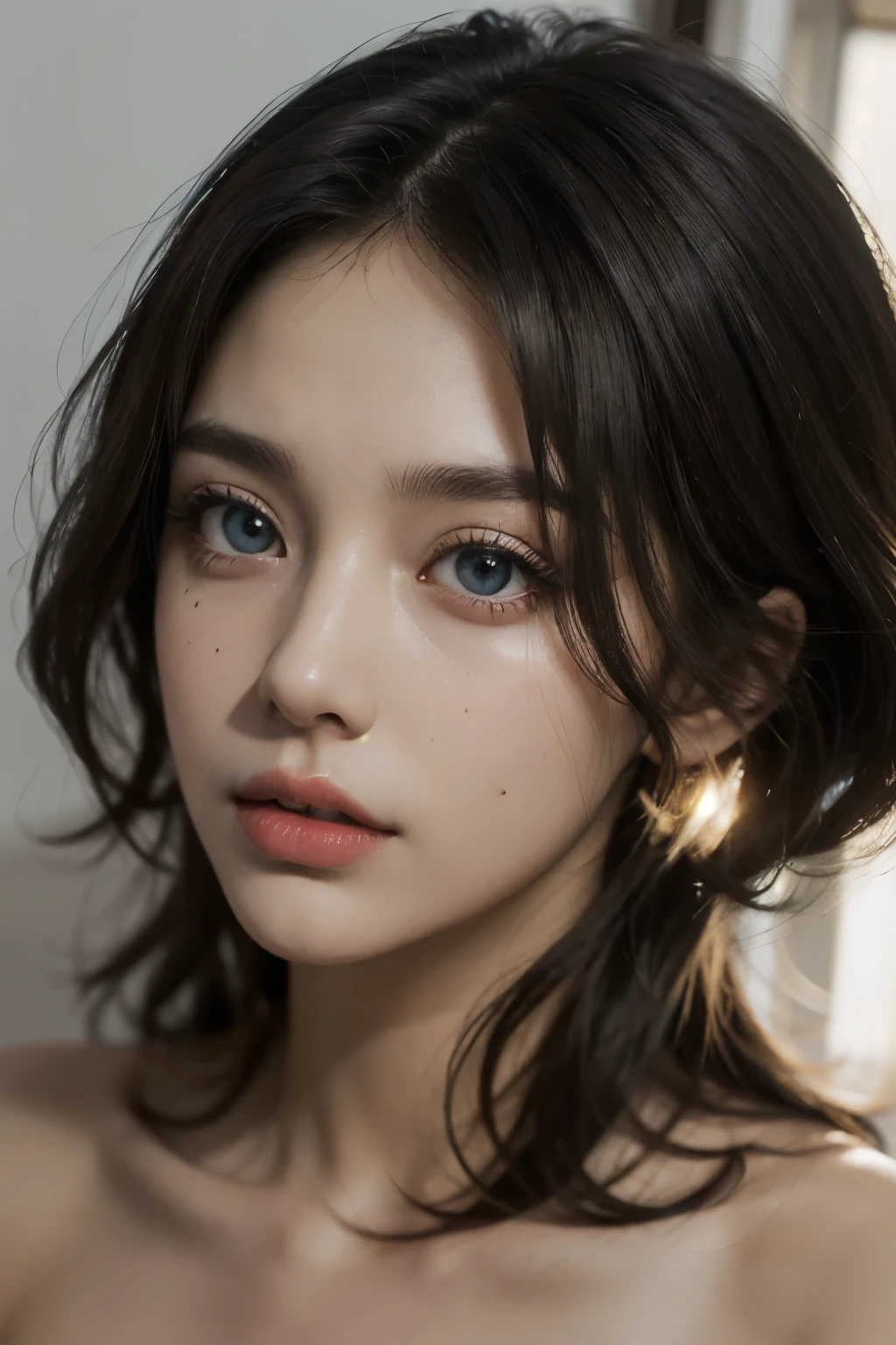 Background lighting, lady, big eyes, high nose, big red lips, ambiguous and seductive eyes, mature lady, stylized temperament: pure+超realism, fair skin texture, Bright Eyes, chiaroscuro, High quality, Ultra HD quality, high nose, Dynamic angle, light tracing, realism, official art, Unity 8k桌布, Super detailed painting, beautiful masterpiece, best quality,Ingredients for glowing skin, Level lighting,