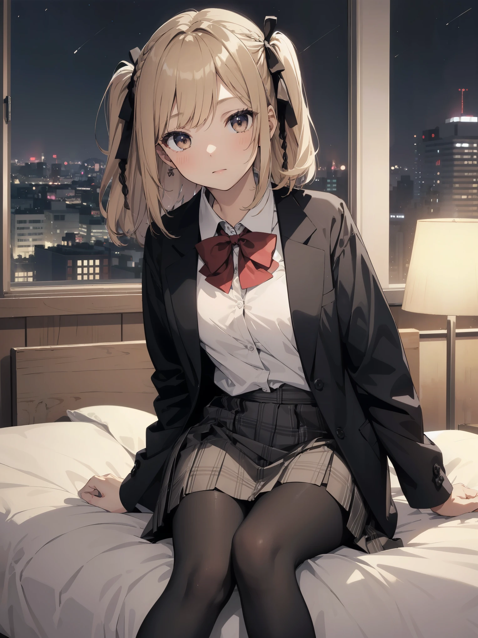 masterpiece, highest quality, High resolution, super detailed, 1 girl、solo、medium hair、braid、colorful hair,one side up,parted bangs,side lock,hair ribbon,Jacket,black Jacket,open Jacket,red bow tie,vest,brown vest,shirt,white shirt,short sleeve,shorter than long sleeve,skirt,black skirt,pantyhose,brown 黒色のpantyhose,Argyle Legwear,indoor,sitting,bed,blush,(embarrassing:1.2),(night:1.4),