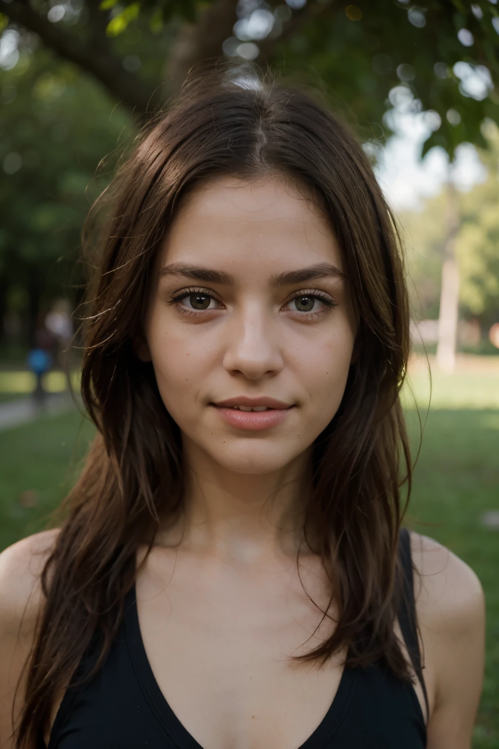 (in 8K, Raw-Photo, best quality, masterpiece:1.2), 1 woman , 24yo, 3/4 body, a beauty, african american, slim normal body, (Show your teeth and smile), looking at viewer professional look, ((The highest quality, 16 k, masterpiece: 1.3)), Biologically Correct Human, reference, detailed faces, detailed lips, detailed eyes, glittering eyes, realistic pupils, brown pupils, outdoor, standing, elegance, at the gym, light on the face, golden hours, ambience light, backlight, summer, cinematic look, deep depths of field, blurry background