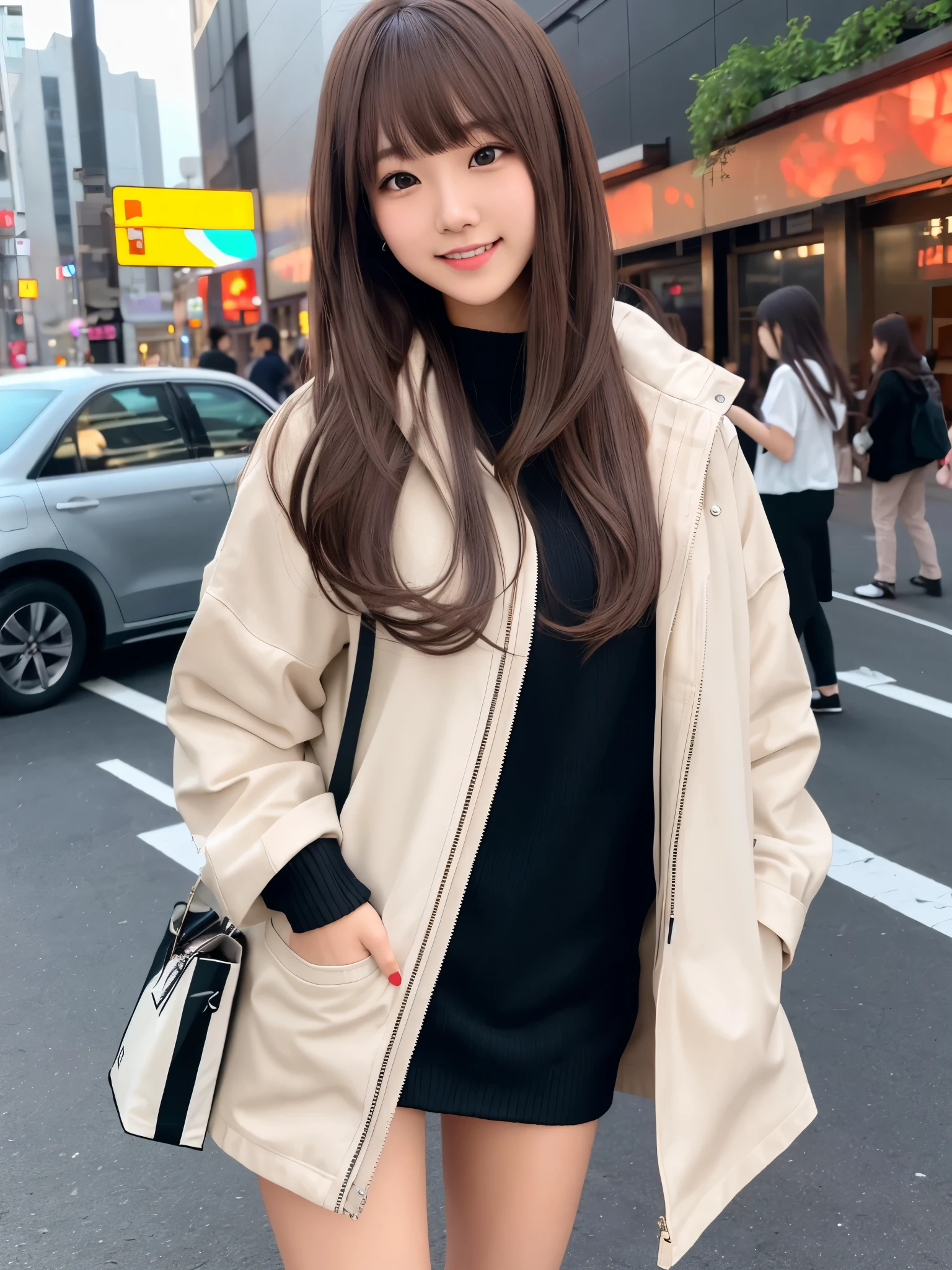 product quality, 1 girl, cowboy shot, front view, a Japanese young pretty girl, long bob hair, standing on a pavement with a big smile in the city, silky white down parka over a black sweater, black miniskirt, a tote bag over her shoulder, hyper cute face, glossy lips, double eyelids for both eyes, natural makeup, shiny smooth light brown hair of long bob hair, asymmetrical bangs, high resolution, high detail, detailed hairstyle, detailed face, cinematic lighting, octane rendering, hyper realistic, perfect limbs, perfect anatomy