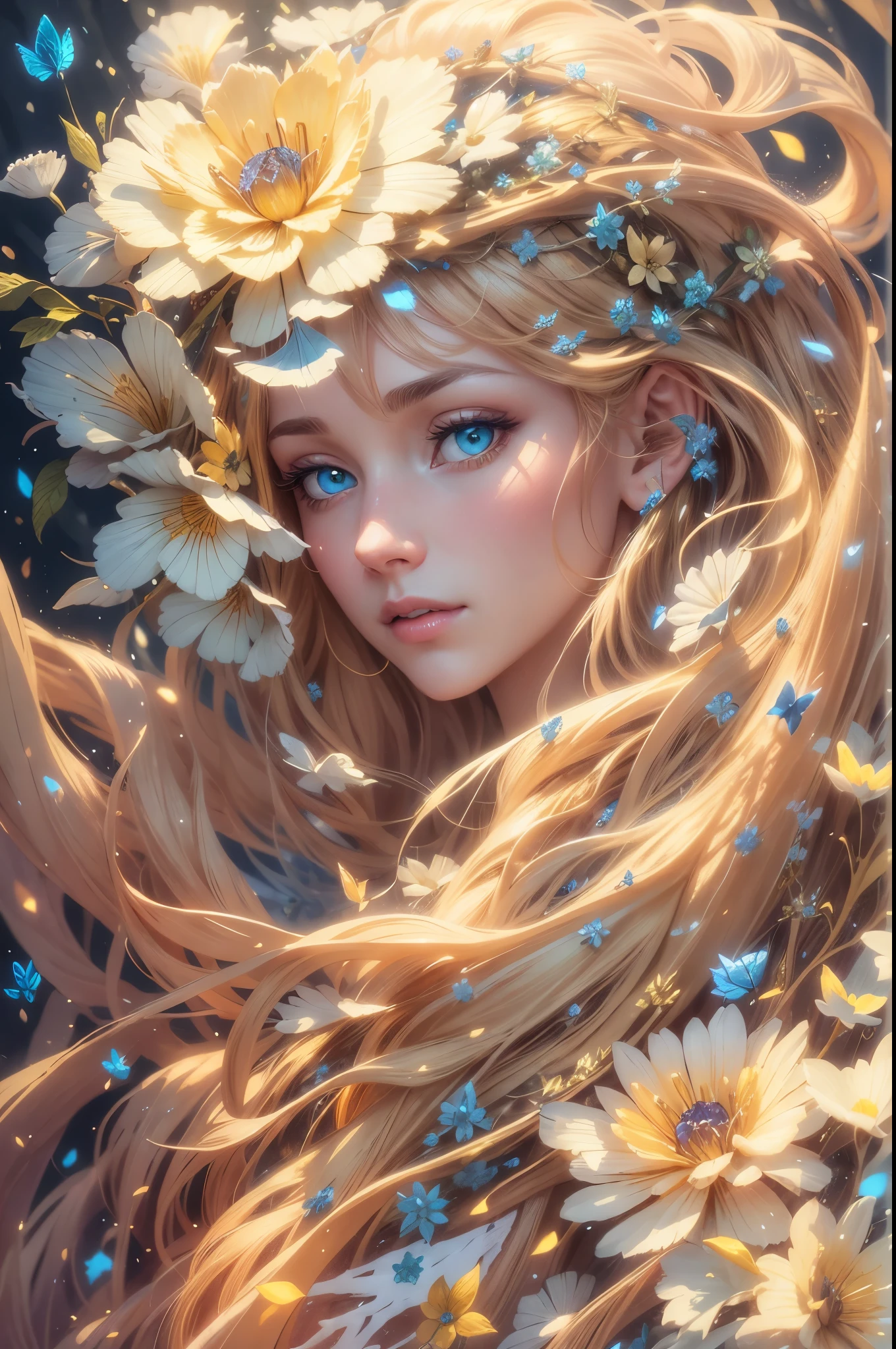 A graceful golden-haired forest queen, dew and frost, bar lighting, stands in a sunlit clearing in winter, her hair cascading down her back, as butterflies and dandelion spores flutter around her, Beautiful Woman full head-to-toe portrait, medium full shot Portrait, perfect detailed face, detailed symmetric blue-green eyes with circular iris soft natural lighting, symmetrical, natural skin texture, soft lighting, detailed face, photorealism, soft pastel colors sparkling, looking into the camera, frosty snowy background, photorealistic painting, sharp focus, 8k, perfect composition, trending on artstation, award-winning photograph, unreal engine 5, cinematic smooth, intricate detail, studio photo, highly detailed. simple background, gold filigree dress hyper-detail, gesturing to the sun, flowing golden gown, nice body, {{full body}}, Davinci, hair with dew and frost, sunlit, sparkles all over gown, and frost, hyper-detailed dress and hair, pink blue and yellow butterflies.