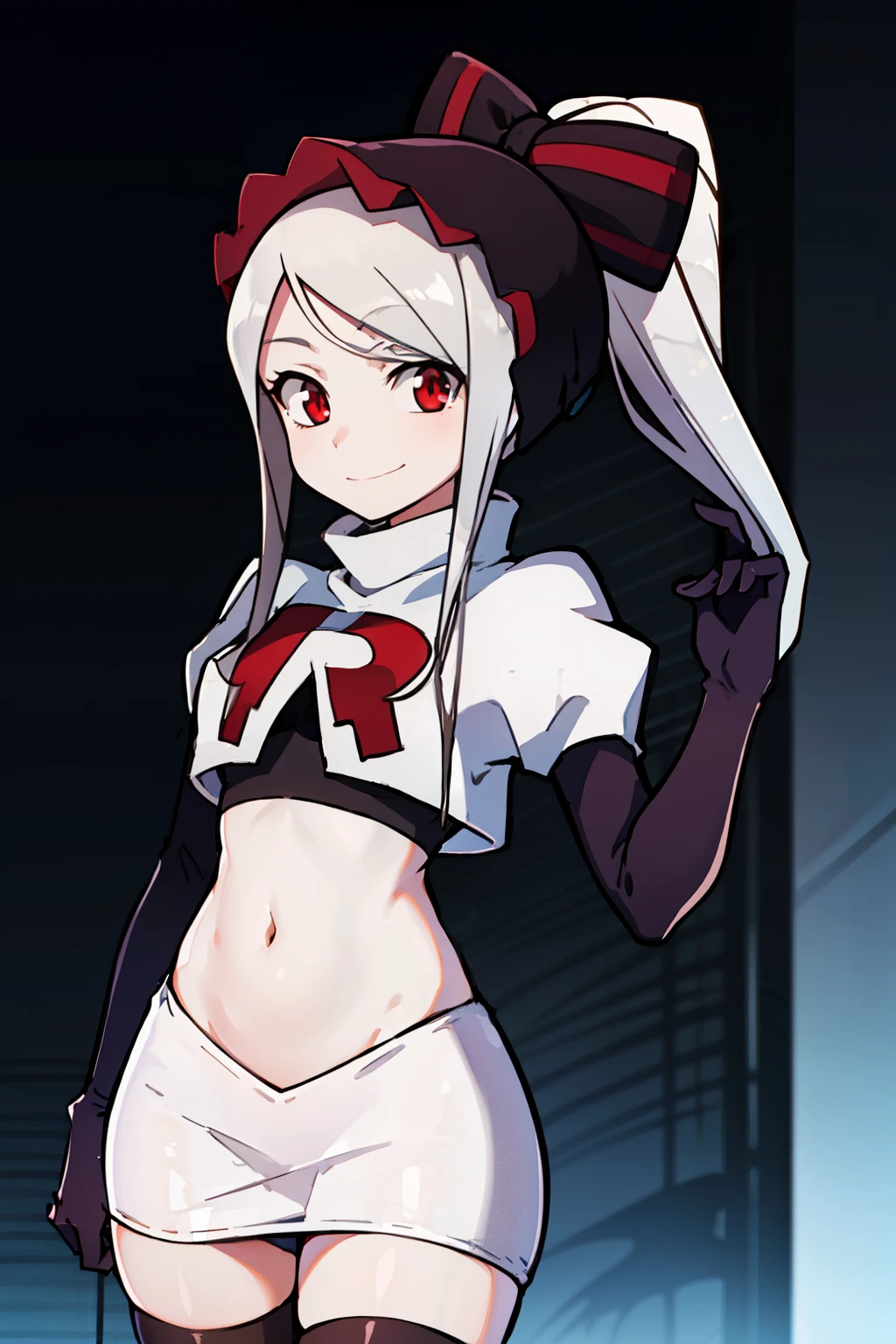 absurdres, highres, ultra detailed, shalltear, gray hair, red eyes, bonnet, hair bow, ponytail, smile, (looking at viewer:1.2), team rocket uniform, red letter R, white skirt,white crop top,black thigh-highs, black elbow gloves