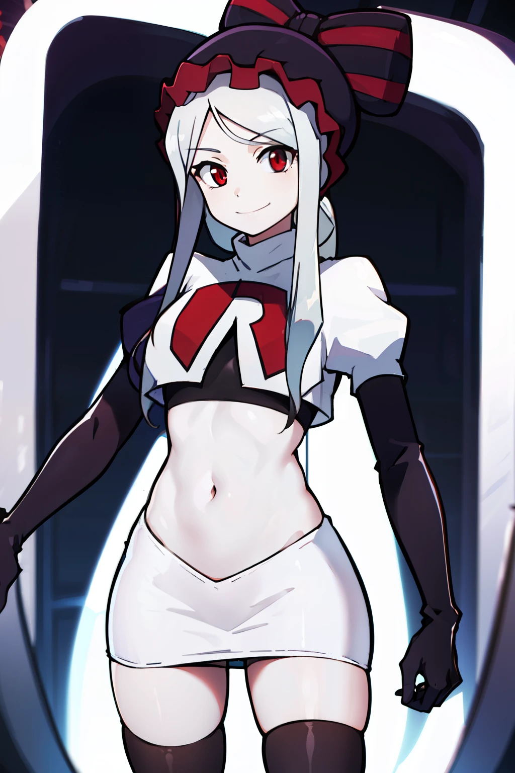 absurdres, highres, ultra detailed, shalltear, gray hair, red eyes, bonnet, hair bow, ponytail, smile, (looking at viewer:1.2), team rocket uniform, red letter R, white skirt,white crop top,black thigh-highs, black elbow gloves