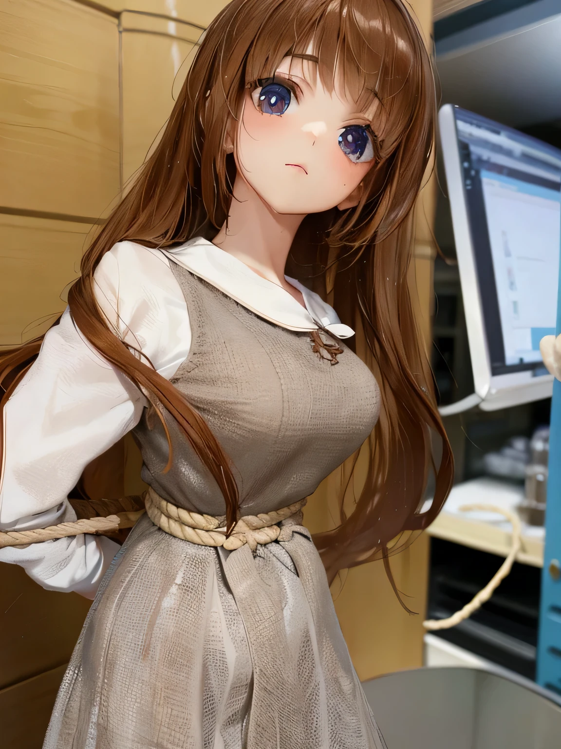 ((masterpiece)), ((highest quality)), (super detailed), torture chamber,(((Waist bound tightly with rope))),pretty girl, 1 girl, alone, ,beautiful hair, (beautiful eyes), long hair, expression of agony