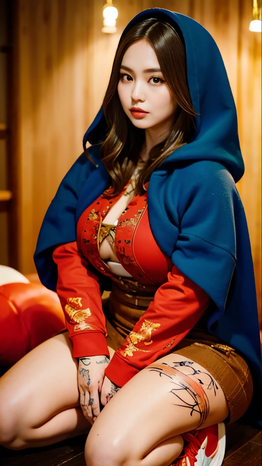 there is a woman sitting down with a longest brown hair, bbwchan, thicc, brown hijab outfit, brown hairstyle model, korean girl, korean woman, wearing brown robe, full length shot, alluring plus sized model, japanese goddess, clothed in hooded, voluptuous and arousing, portrait shot, curvy model, voluptuous body, wonderful, nene tanaka body , bbwchan, The overall atmosphere is smooth , haunting illustrations, extremely high-resolution details, photographic, realism pushed to extreme, fine texture, 4k, ultra-detailed, high quality, high contrast, red sneakers , cold atmosphere ,, cold atmosphere ,, ((Detailed texture of tattooed skin)), tattoo round breasts, irezumi tattoo style, tattoo on breasts, tttattoo, showing her thigh , tattoo on thigh, a close up of a woman with tattoos on her body, inked, tattooed body, fully tattooed body, tattooed, full-body tattoos, full - body tattoos, , full body tattoo, with tattoos, , tattoos, tattoos all over the skin, tattoos and piercings, ((Neka: 0.45)) LoRA, {{Big brother's tattooed woman Iremuzi tattoo style v1.0: 0.91}},, ((BohoAI v1.0 : 0.45))