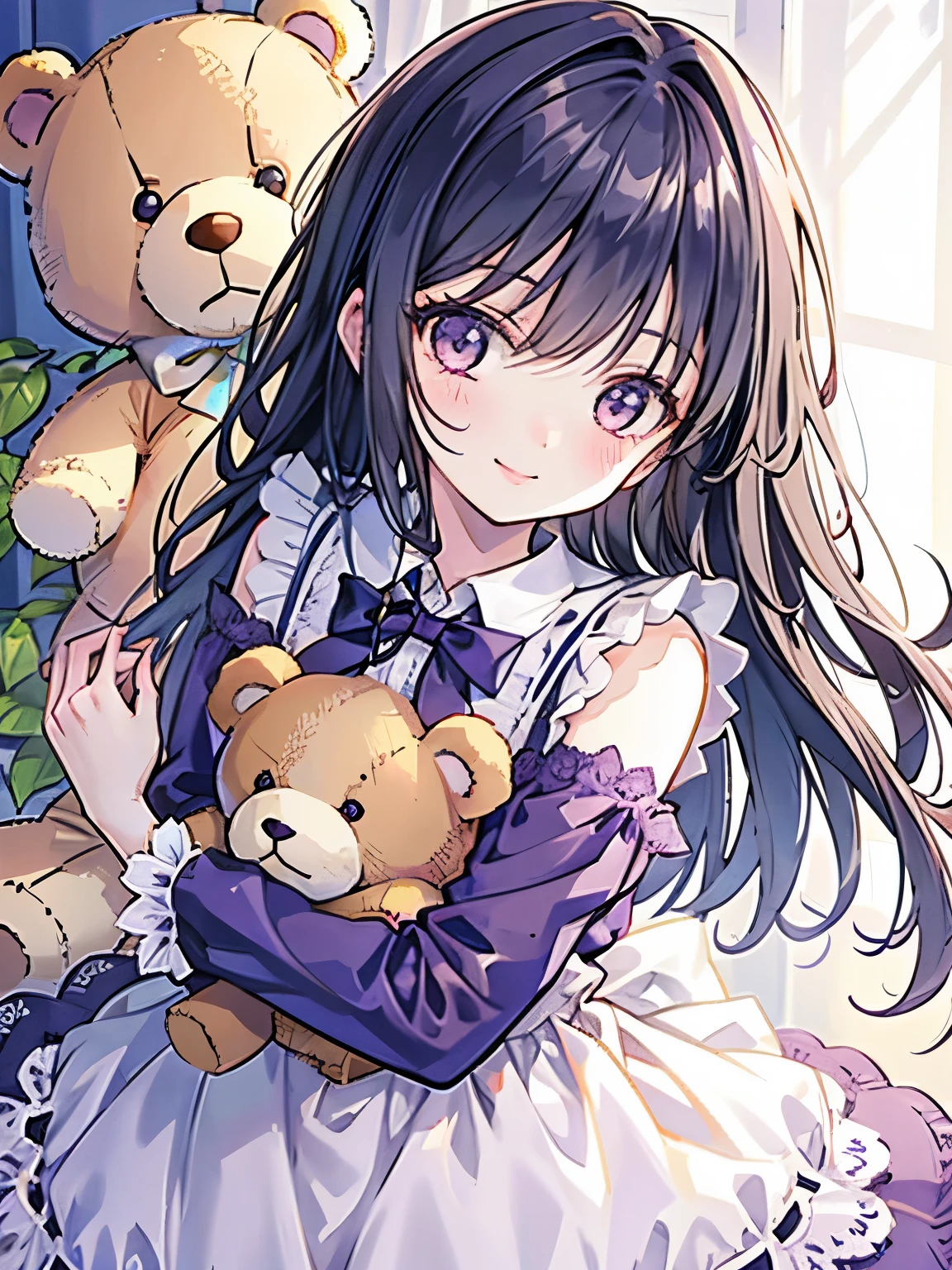 girl,botanical dress,((hugging a teddy bear)),smile,cute,close up of face，Dark purple suits you