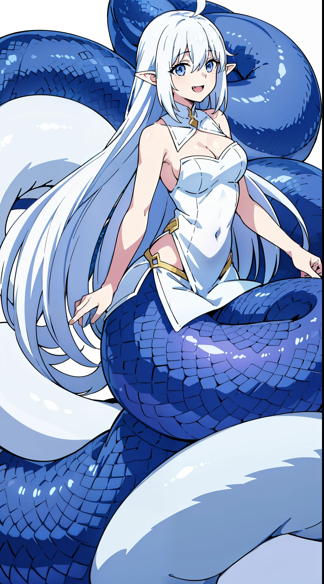 1girl,10s,smile,long hair,white hair,ahoge,lamia tail,blue snake tail,(white background),pointy ears,sleeveless,white shirt,little cleavage,happy,smile,open mouth,full body