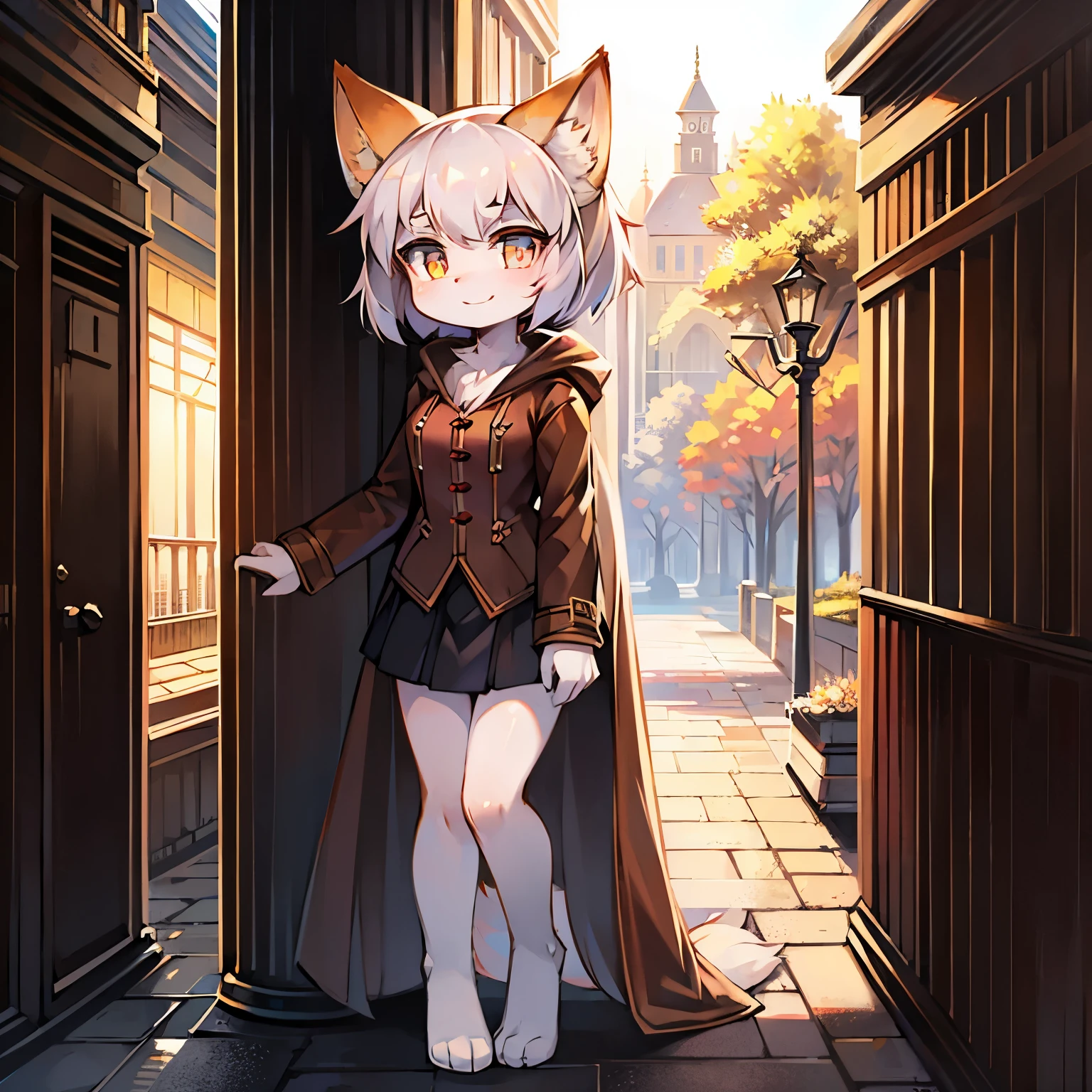 Bright outside,fox girl,female focus,Furry women,Furry ,Height 1.6 meters,white skin,Bright Eyes,gray pupils,coat,short skirt ,Smile
