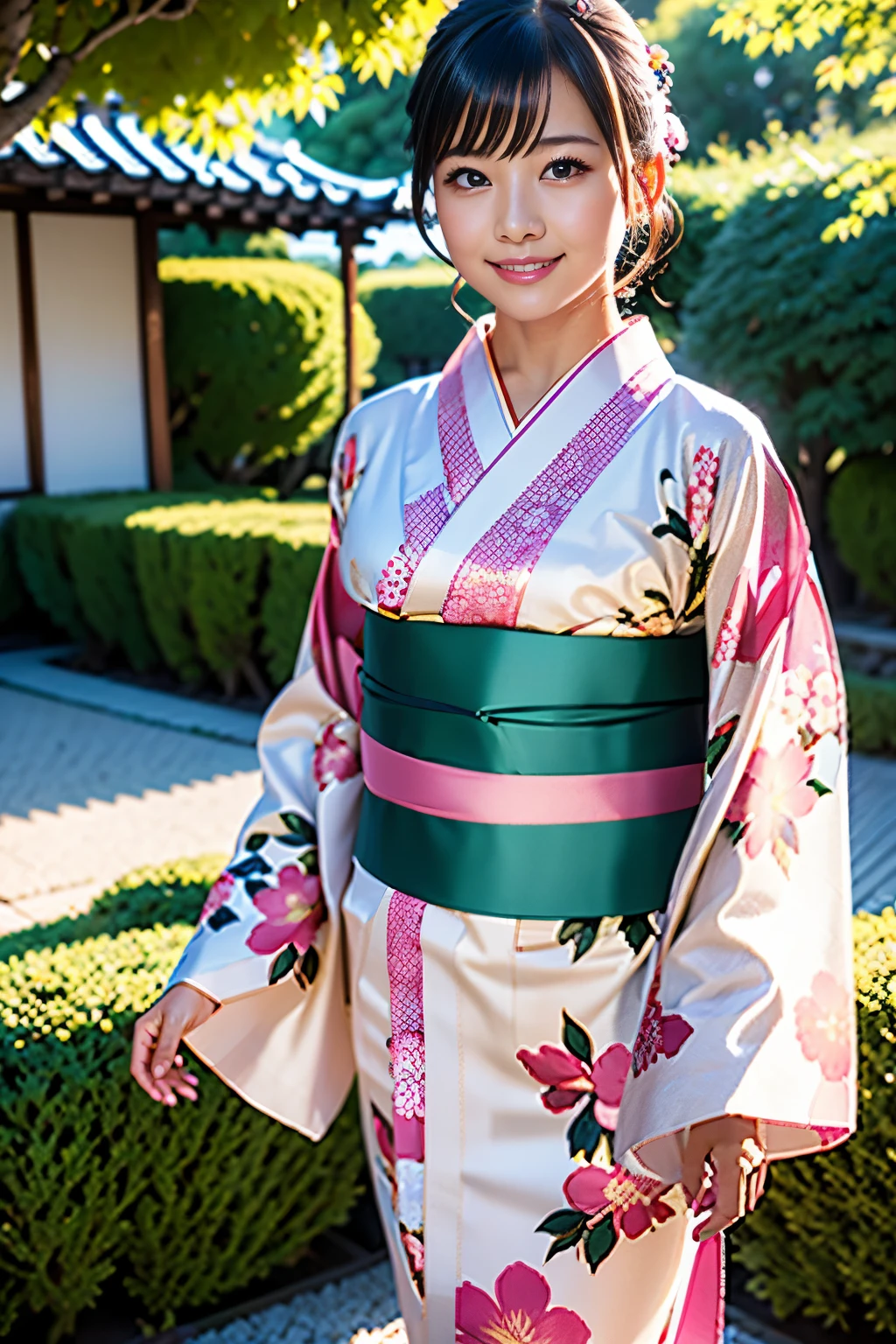 Beautiful woman, (wearing a pink floral kimono_Clothes: 1.3), holiday, Kanazawa Kenrokuen,girl walking in the garden,
good hand, 4k, High resolution, masterpiece, highest quality, head: 1.3, (((Hasselblad Photos)), big, fine skin, sharp focus lighting),  soft lighting, dynamic angle, [:( details face: 1.2]: 0.2], outside,