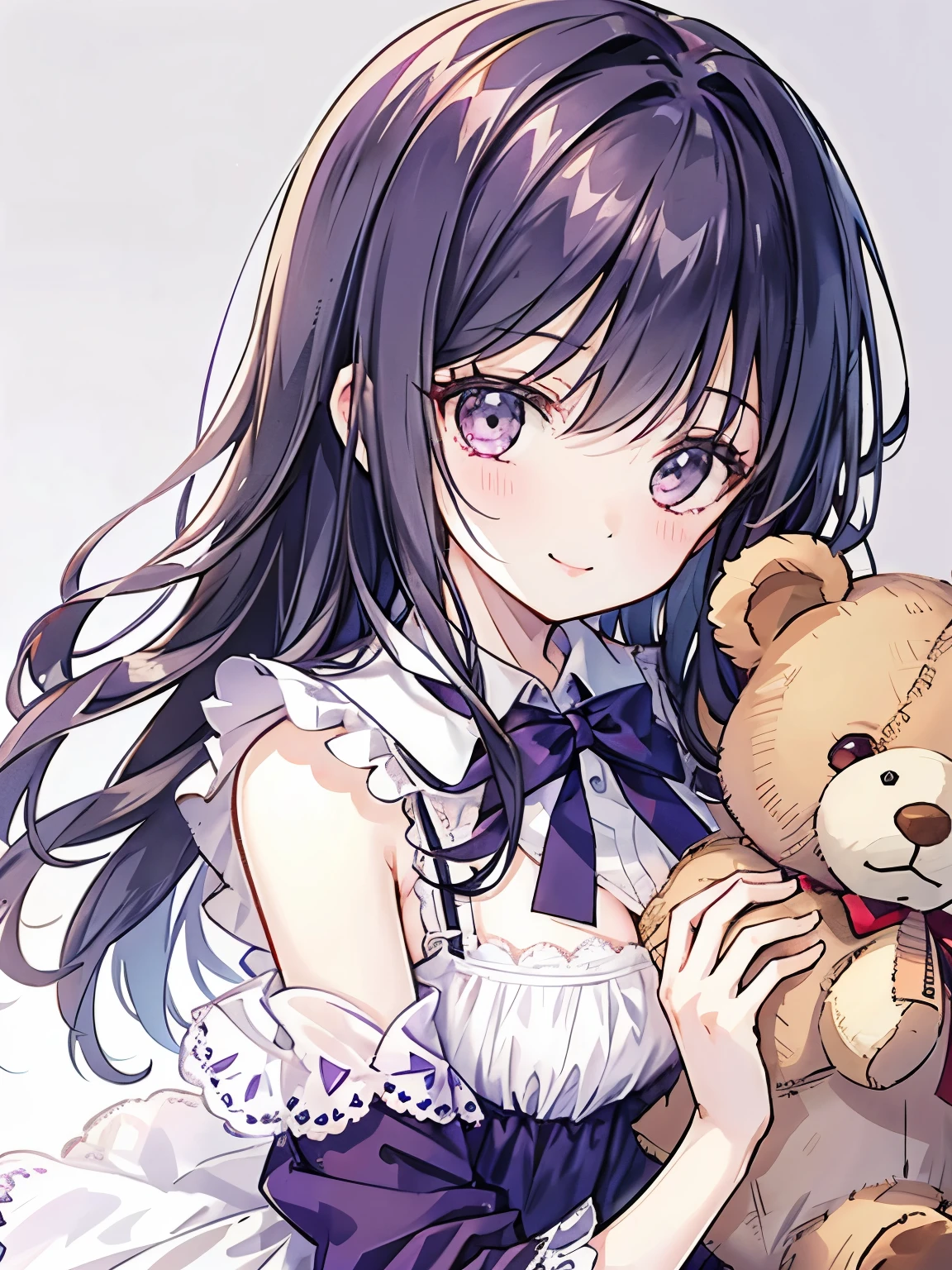 girl,botanical dress,((hugging a teddy bear)),smile,cute,close up of face，Dark purple suits you