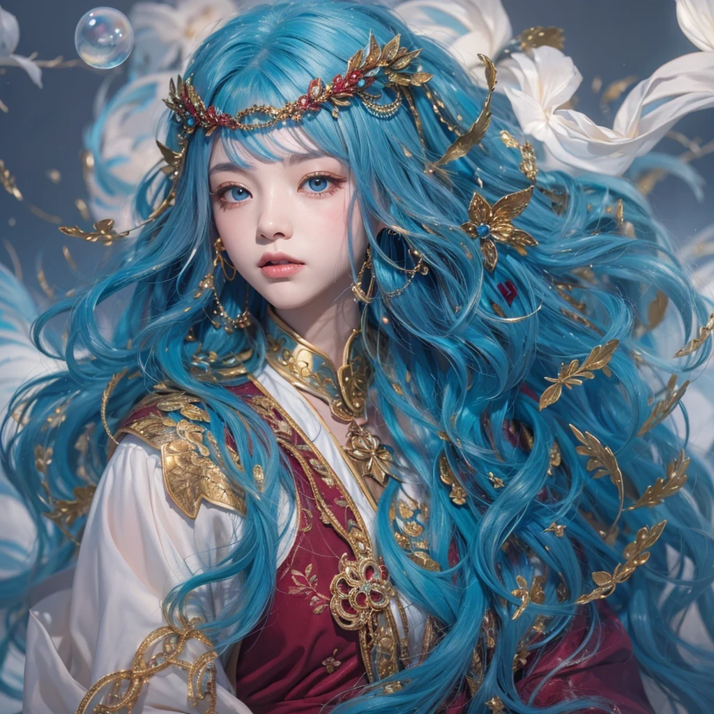 黄 blue colors,enamel,agate,A flesh-colored world,Blood Blue Maiden 32k(masterpiece,HD,Aoyama Pond,Ultra high quality,32k)long flowing bright blue hair,blood pool,Ziddink, a color,Grumpy (After greeting), (Linen scarf), fighting stance, looking at the ground, long white hair, Floating bright blue, Fire cloud gold headdress, Chinese long-sleeved gold silk burgundy garment, (Abstract metaverse splash:1.2), White background,Peony flower vitality protector(realistically:1.4),bright purple hair,Smoke on the road,The background is very pure, high resolution, detail, RAW photos, Sharp Re, Nikon D850 film photo by Jefferies Lee 4 Kodak Portra 400 camera F1.6 guns, colorful, Ultra-realistic and vivid textures, dramatic lighting, Unreal Engine Art Station Trend, Sinest 800,一个有着long flowing bright blue hair的女孩,huge colorful bubbles