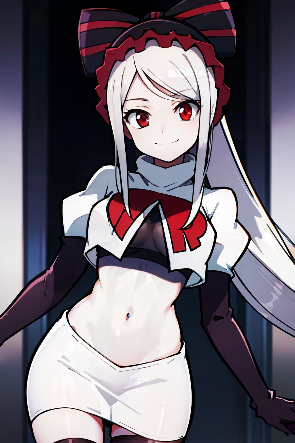 absurdres, highres, ultra detailed, shalltear, gray hair, red eyes, bonnet, hair bow, ponytail, smile, (looking at viewer:1.2), team rocket uniform, red letter R, white skirt,white crop top,black thigh-highs, black elbow gloves