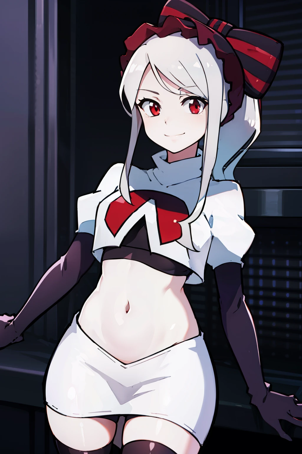 absurdres, highres, ultra detailed, shalltear, gray hair, red eyes, bonnet, hair bow, ponytail, smile, (looking at viewer:1.2), team rocket uniform, red letter R, white skirt,white crop top,black thigh-highs, black elbow gloves