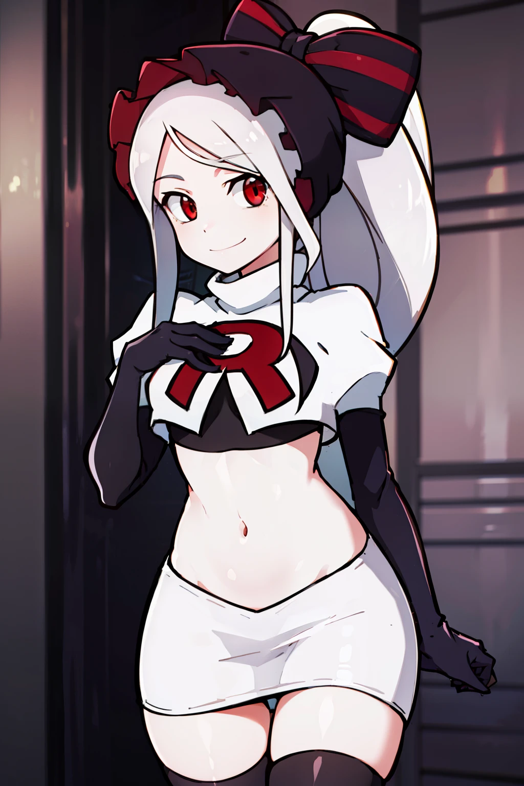 absurdres, highres, ultra detailed, shalltear, gray hair, red eyes, bonnet, hair bow, ponytail, smile, (looking at viewer:1.2), team rocket uniform, red letter R, white skirt,white crop top,black thigh-highs, black elbow gloves