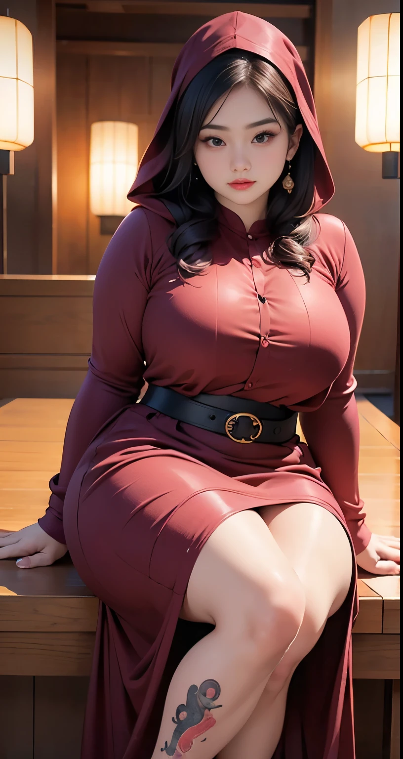 there is a woman sitting down with a longest brown hair, bbwchan, thicc, brown hijab outfit, brown hairstyle model, korean girl, korean woman, wearing brown robe, full length shot, alluring plus sized model, japanese goddess, clothed in hooded, voluptuous and arousing, portrait shot, curvy model, voluptuous body, wonderful, nene tanaka body , bbwchan, The overall atmosphere is smooth , haunting illustrations, extremely high-resolution details, photographic, realism pushed to extreme, fine texture, 4k, ultra-detailed, high quality, high contrast, red sneakers , cold atmosphere ,, cold atmosphere ,, ((Detailed texture of tattooed skin)), tattoo round breasts, irezumi tattoo style, tattoo on breasts, tttattoo, showing her thigh , tattoo on thigh, a close up of a woman with tattoos on her body, inked, tattooed body, fully tattooed body, tattooed, full-body tattoos, full - body tattoos, , full body tattoo, with tattoos, , tattoos, tattoos all over the skin, tattoos and piercings, ((Neka: 0.45)) LoRA, {{Big brother&#39;s tattooed woman Iremuzi tattoo style v1.0: 0.91}},, ((BohoAI v1.0 : 0.45))