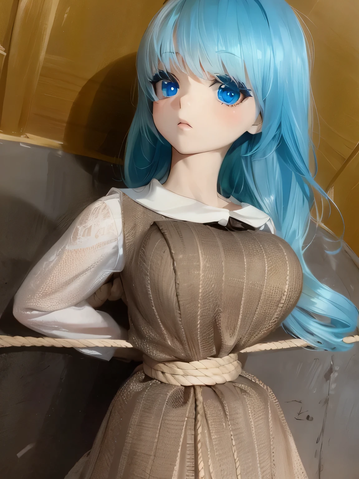 ((masterpiece)), ((highest quality)), (super detailed), torture chamber,(((Waist bound tightly with rope))),pretty girl, 1 girl, alone, ,beautiful hair, (beautiful eyes), long hair, expression of agony