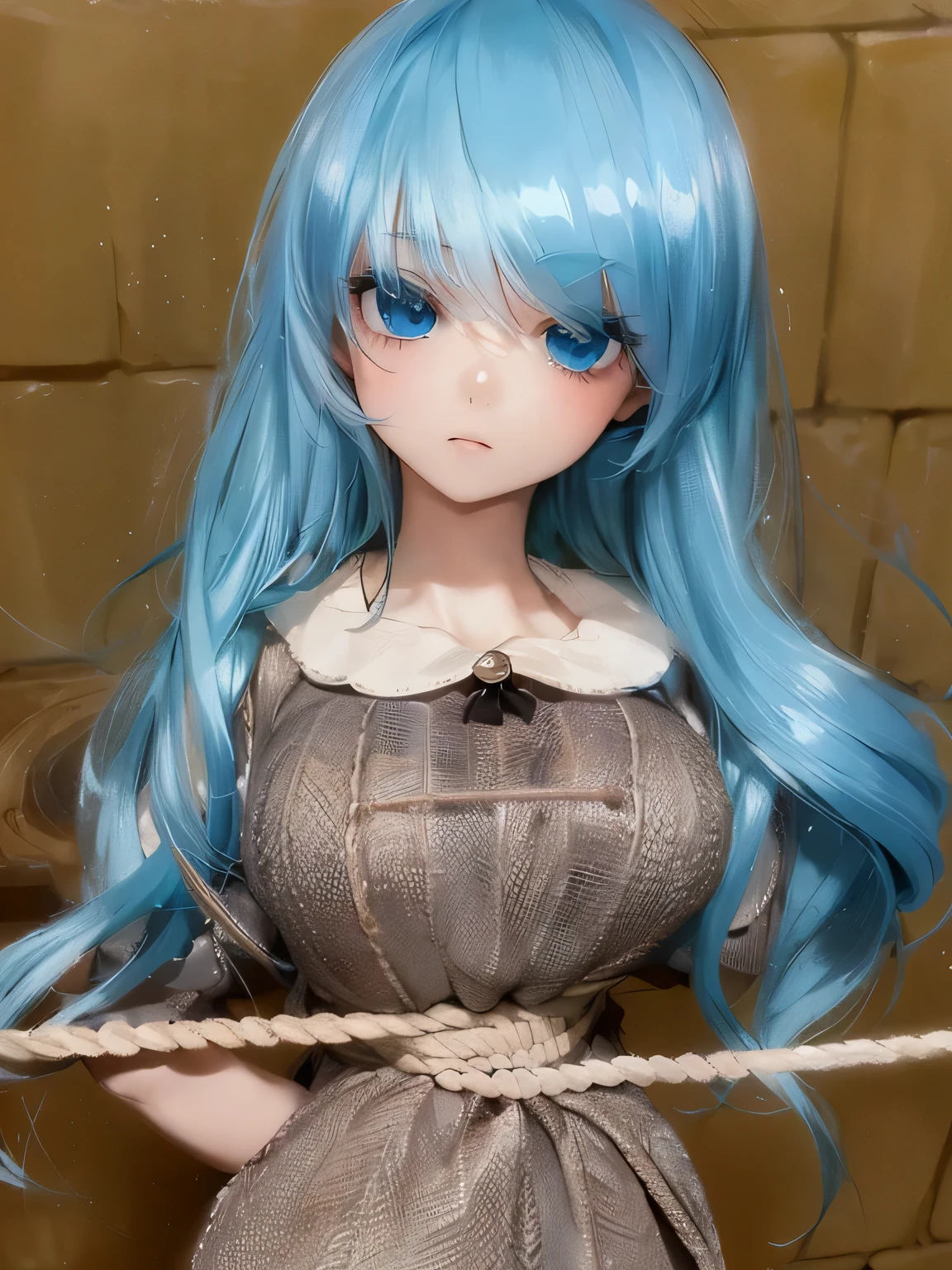 ((masterpiece)), ((highest quality)), (super detailed), torture chamber,(((Waist bound tightly with rope))),pretty girl, 1 girl, alone, ,beautiful hair, (beautiful eyes), long hair, expression of agony