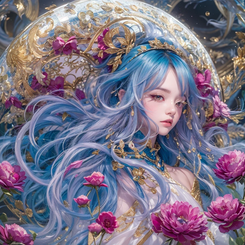 黄 blue colors,enamel,agate,A flesh-colored world,Blood Blue Maiden 32k(masterpiece,HD,Aoyama Pond,Ultra high quality,32k)long flowing bright blue hair,blood pool,Ziddink, a color,Grumpy (After greeting), (Linen scarf), fighting stance, looking at the ground, long white hair, Floating bright blue, Fire cloud gold headdress, Chinese long-sleeved gold silk burgundy garment, (Abstract metaverse splash:1.2), White background,Peony flower vitality protector(realistically:1.4),bright purple hair,Smoke on the road,The background is very pure, high resolution, detail, RAW photos, Sharp Re, Nikon D850 film photo by Jefferies Lee 4 Kodak Portra 400 camera F1.6 guns, colorful, Ultra-realistic and vivid textures, dramatic lighting, Unreal Engine Art Station Trend, Sinest 800,一个有着long flowing bright blue hair的女孩,huge colorful bubbles