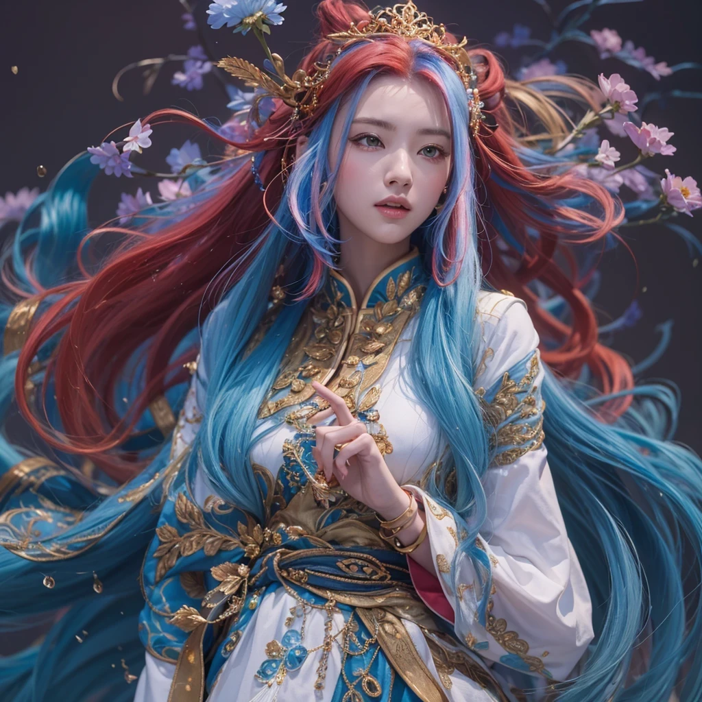 黄 blue colors,enamel,agate,A flesh-colored world,Blood Blue Maiden 32k(masterpiece,HD,Aoyama Pond,Ultra high quality,32k)long flowing bright blue hair,blood pool,Ziddink, a color,Grumpy (After greeting), (Linen scarf), fighting stance, looking at the ground, long white hair, Floating bright blue, Fire cloud gold headdress, Chinese long-sleeved gold silk burgundy garment, (Abstract metaverse splash:1.2), White background,Peony flower vitality protector(realistically:1.4),bright purple hair,Smoke on the road,The background is very pure, high resolution, detail, RAW photos, Sharp Re, Nikon D850 film photo by Jefferies Lee 4 Kodak Portra 400 camera F1.6 guns, colorful, Ultra-realistic and vivid textures, dramatic lighting, Unreal Engine Art Station Trend, Sinest 800,一个有着long flowing bright blue hair的女孩,huge colorful bubbles
