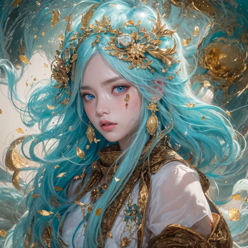 黄 blue colors,enamel,agate,A flesh-colored world,Blood Blue Maiden 32k(masterpiece,HD,Aoyama Pond,Ultra high quality,32k)long flowing bright blue hair,blood pool,Ziddink, a color,Grumpy (After greeting), (Linen scarf), fighting stance, looking at the ground, long white hair, Floating bright blue, Fire cloud gold headdress, Chinese long-sleeved gold silk burgundy garment, (Abstract metaverse splash:1.2), White background,Peony flower vitality protector(realistically:1.4),bright purple hair,Smoke on the road,The background is very pure, high resolution, detail, RAW photos, Sharp Re, Nikon D850 film photo by Jefferies Lee 4 Kodak Portra 400 camera F1.6 guns, colorful, Ultra-realistic and vivid textures, dramatic lighting, Unreal Engine Art Station Trend, Sinest 800,一个有着long flowing bright blue hair的女孩,huge colorful bubbles