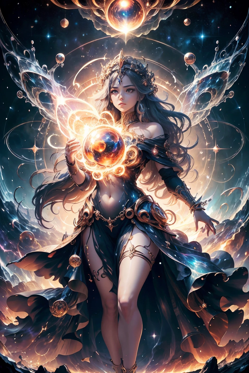 masterpiece, best quality, high details, highres, 1 person, divine being, divine magic, God of Chaos, personification of Chaos, standing in deep space, divine being, magic circles, divine patterns, emanates immense power and cosmic energy, surrounded by swirling vortexes of space-time, galaxies, and stars, dark and chaotic atmosphere, ancient and enigmatic presence, 16k