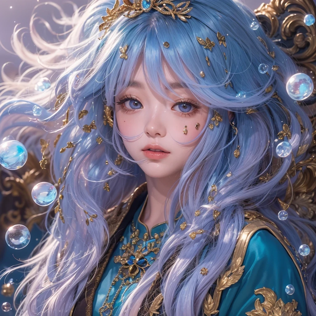 黄 blue colors,enamel,agate,A flesh-colored world,Blood Blue Maiden 32k(masterpiece,HD,Aoyama Pond,Ultra high quality,32k)long flowing bright blue hair,blood pool,Ziddink, a color,Grumpy (After greeting), (Linen scarf), fighting stance, looking at the ground, long white hair, Floating bright blue, Fire cloud gold headdress, Chinese long-sleeved gold silk burgundy garment, (Abstract metaverse splash:1.2), White background,Peony flower vitality protector(realistically:1.4),bright purple hair,Smoke on the road,The background is very pure, high resolution, detail, RAW photos, Sharp Re, Nikon D850 film photo by Jefferies Lee 4 Kodak Portra 400 camera F1.6 guns, colorful, Ultra-realistic and vivid textures, dramatic lighting, Unreal Engine Art Station Trend, Sinest 800,一个有着long flowing bright blue hair的女孩,huge colorful bubbles