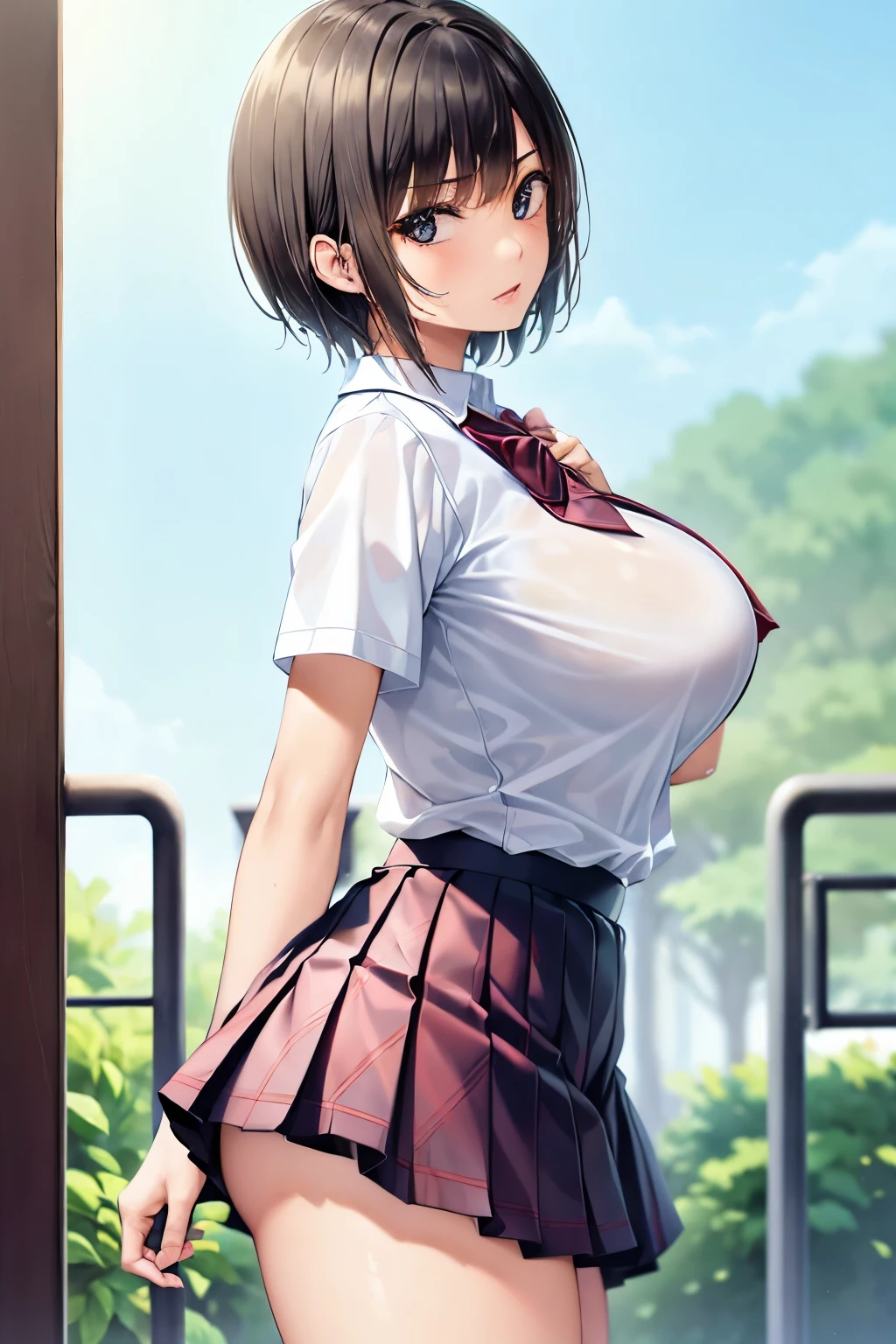 (masterpiece, highest quality, super detailed) (1boy and 1girl:1.5), (sumika), shota, 1boy, 1girl, breasts, hetero, solo focus,, pov (slim:1.7), short hair, black hair, (big breasts:1.5), raised, Wet , Sweat,  beautiful face,  (Big eyes:1.5), cute,  fog,   (school uniform:0.6), (white shits:1.4), (Pleated skirt:1.4)  (from side:1.5),  JP SCHOOL UNIFORM, bra showing through clothes, pink bra, JS_ShortSkirt, (micro mini skirt)