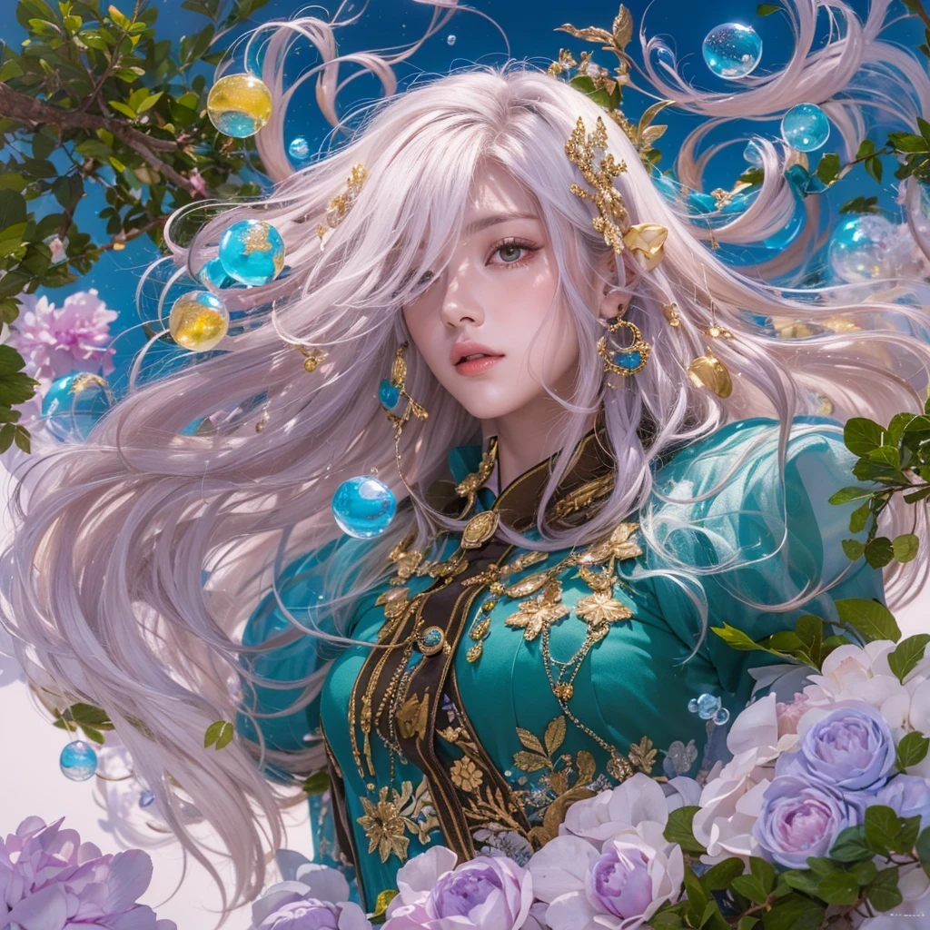 黄 blue colors,enamel,agate,A flesh-colored world,Blood Blue Maiden 32k(masterpiece,HD,Aoyama Pond,Ultra high quality,32k)long flowing bright blue hair,blood pool,Ziddink, a color,Grumpy (After greeting), (Linen scarf), fighting stance, looking at the ground, long white hair, Floating bright blue, Fire cloud gold headdress, Chinese long-sleeved gold silk burgundy garment, (Abstract metaverse splash:1.2), White background,Peony flower vitality protector(realistically:1.4),bright purple hair,Smoke on the road,The background is very pure, high resolution, detail, RAW photos, Sharp Re, Nikon D850 film photo by Jefferies Lee 4 Kodak Portra 400 camera F1.6 guns, colorful, Ultra-realistic and vivid textures, dramatic lighting, Unreal Engine Art Station Trend, Sinest 800,一个有着long flowing bright blue hair的女孩,huge colorful bubbles