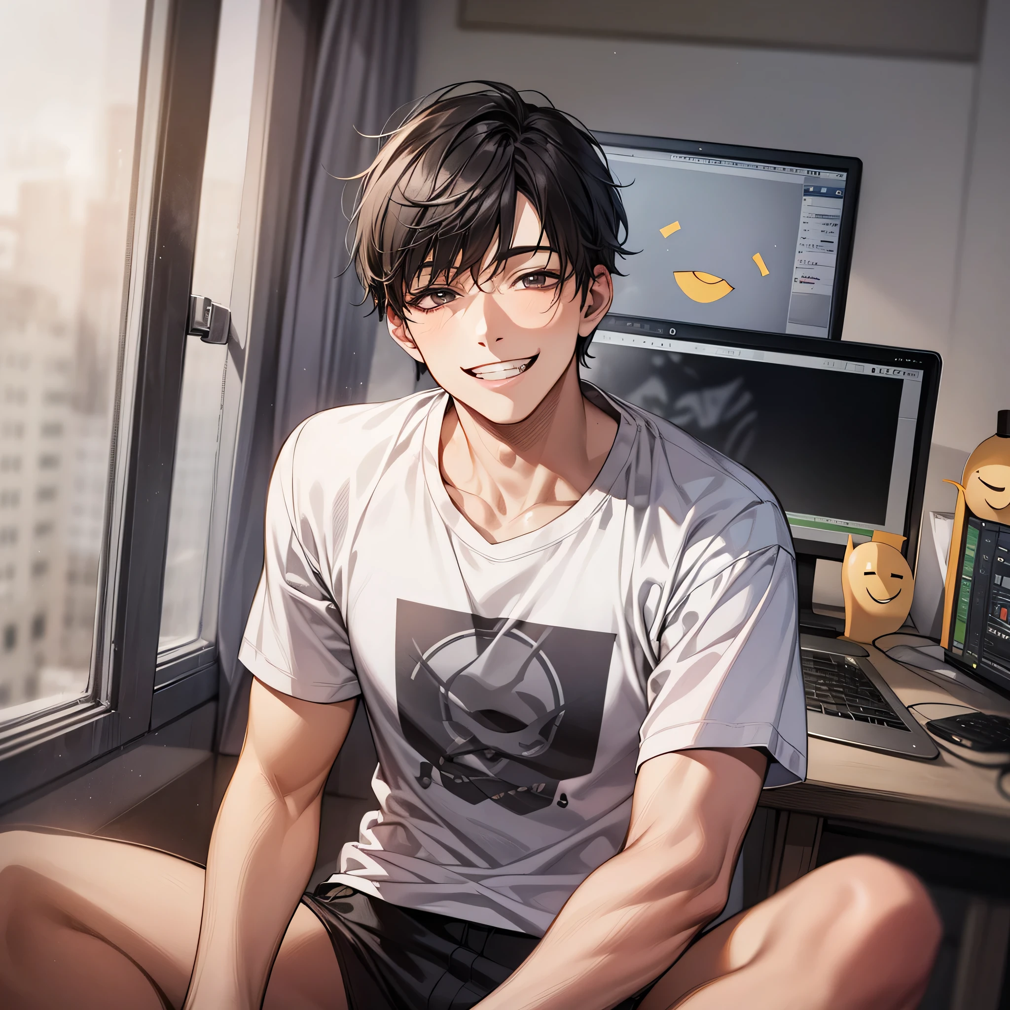 male,masterpiece, high quality, 最high quality, hd, realistic, perfect lighting, detailed face, detailed body, 1 person, short black hair, white t-shirt, (smileの絵文字: 1.5) (smile: 1.5), sitting, looking at the computer monitor, in the room