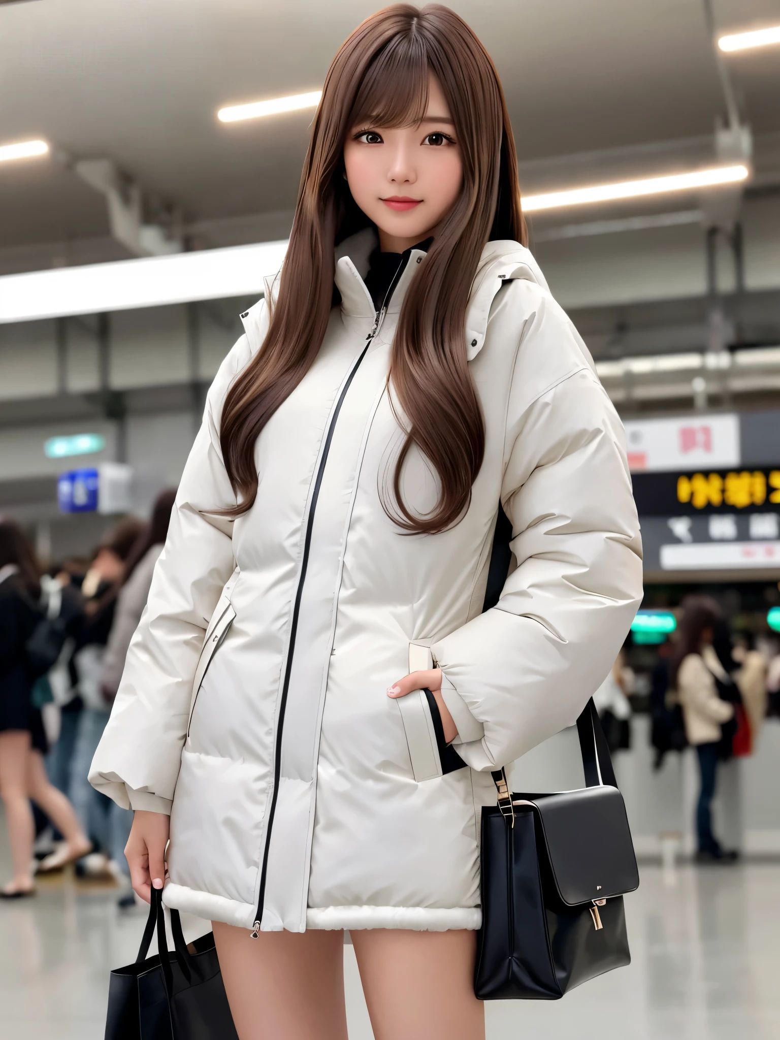 product quality, 1 girl, cowboy shot, front view, a Japanese young pretty girl, long bob hair, standing on a crowded platform with a big smile in a big station, silky white down parka over a black sweater, black miniskirt, a tote bag over her shoulder, hyper cute face, glossy lips, double eyelids for both eyes, natural makeup, shiny smooth light brown hair of long bob hair, asymmetrical bangs, high resolution, high detail, detailed hairstyle, detailed face, cinematic lighting, octane rendering, hyper realistic, perfect limbs, perfect anatomy