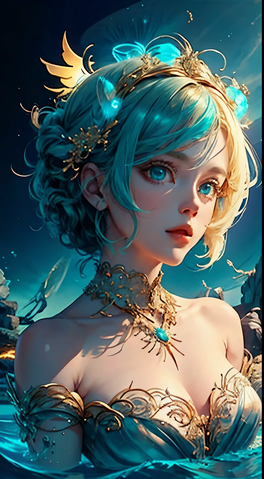 (best qualtiy), ((tmasterpiece)), 1个Giant Breast Girl,(solo),full-body portraits, Delicate face, looking at viewert, Firm eyes, exposed bare shoulders,Exquisitehands, Um ser celestial, light particules, The halo,the ocean, Full of energy, Colorful colors, (Bio-luminescence),(Detailed composition), light