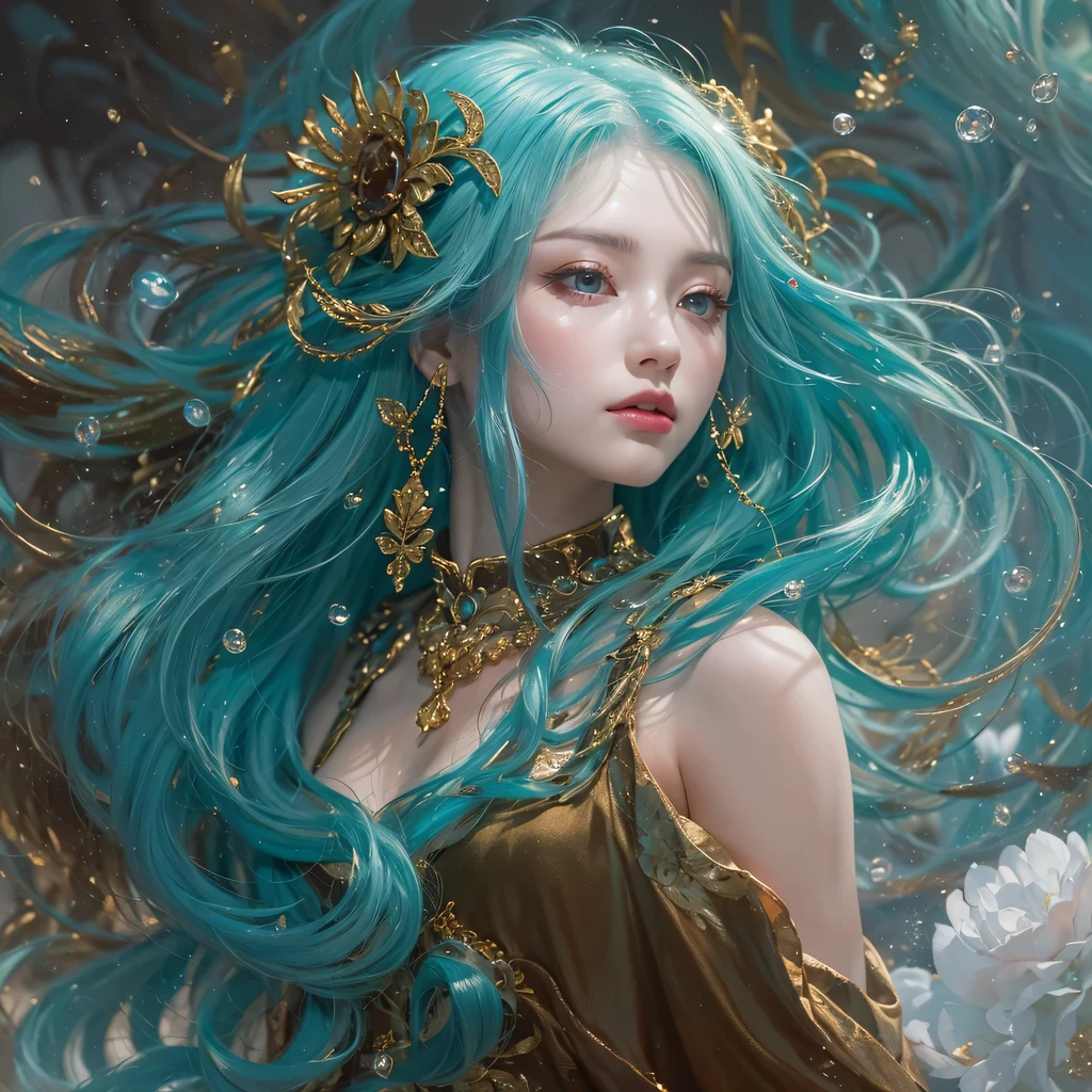 黄 blue colors,enamel,agate,A flesh-colored world,Blood Blue Maiden 32k(masterpiece,HD,Aoyama Pond,Ultra high quality,32k)long flowing bright blue hair,blood pool,Ziddink, a color,Grumpy (After greeting), (Linen scarf), fighting stance, looking at the ground, long white hair, Floating bright blue, Fire cloud gold headdress, Chinese long-sleeved gold silk burgundy garment, (Abstract metaverse splash:1.2), White background,Peony flower vitality protector(realistically:1.4),bright purple hair,Smoke on the road,The background is very pure, high resolution, detail, RAW photos, Sharp Re, Nikon D850 film photo by Jefferies Lee 4 Kodak Portra 400 camera F1.6 guns, colorful, Ultra-realistic and vivid textures, dramatic lighting, Unreal Engine Art Station Trend, Sinest 800,一个有着long flowing bright blue hair的女孩,huge colorful bubbles