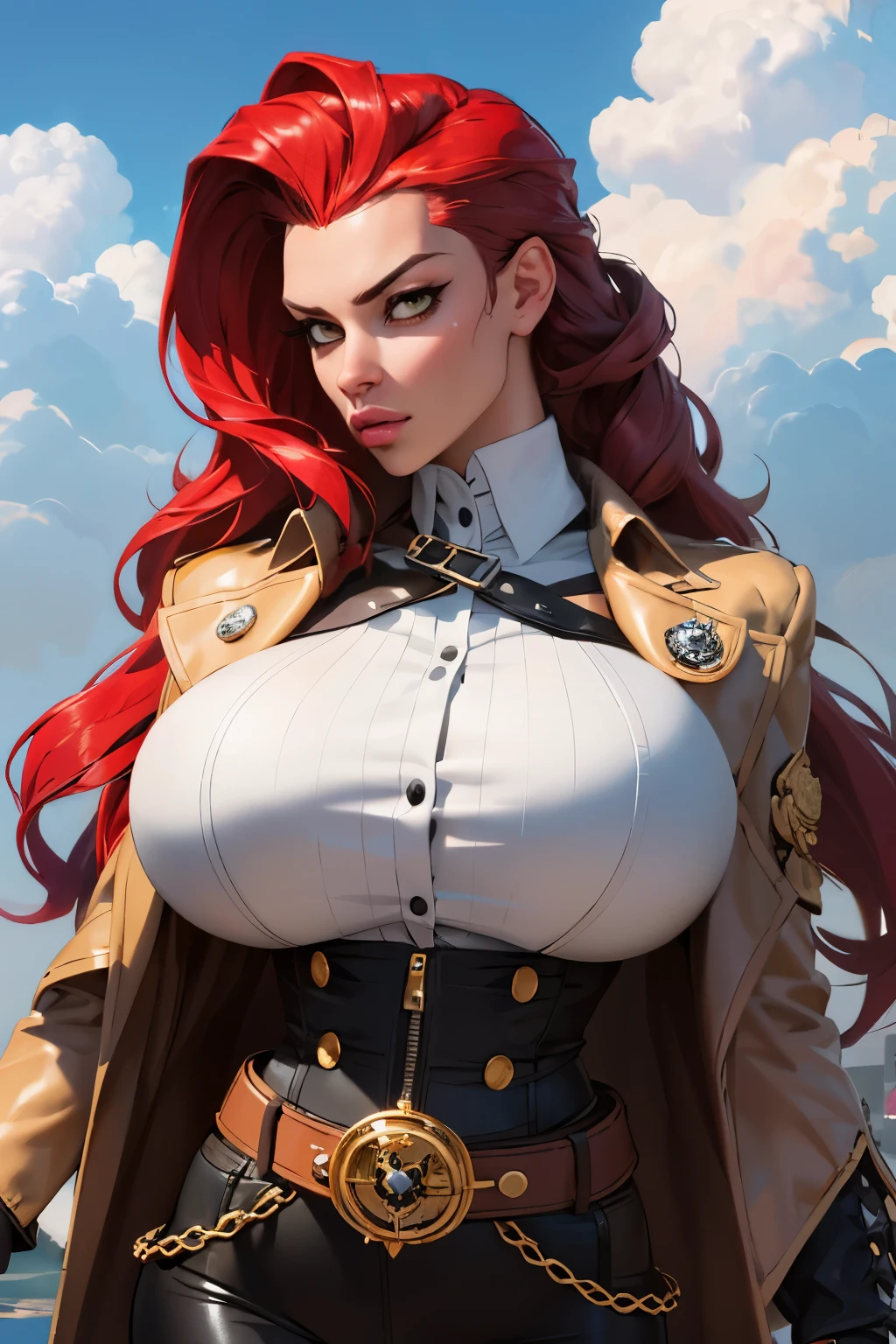 Girl with wavy red hair and rebellious, ((hair slicked back)), golden eyes and tanned skin, Steampunk pirate style clothes, (gigantic breasts), background with clouds, realistic manhwa style.