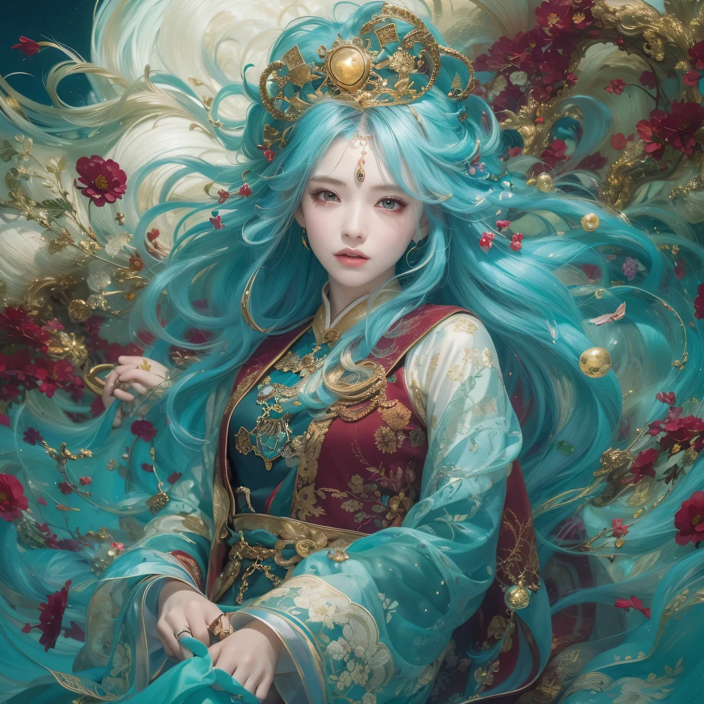 黄 blue colors,enamel,agate,A flesh-colored world,Blood Blue Maiden 32k(masterpiece,HD,Aoyama Pond,Ultra high quality,32k)long flowing bright blue hair,blood pool,Ziddink, a color,Grumpy (After greeting), (Linen scarf), fighting stance, looking at the ground, long white hair, Floating bright blue, Fire cloud gold headdress, Chinese long-sleeved gold silk burgundy garment, (Abstract metaverse splash:1.2), White background,Peony flower vitality protector(realistically:1.4),bright purple hair,Smoke on the road,The background is very pure, high resolution, detail, RAW photos, Sharp Re, Nikon D850 film photo by Jefferies Lee 4 Kodak Portra 400 camera F1.6 guns, colorful, Ultra-realistic and vivid textures, dramatic lighting, Unreal Engine Art Station Trend, Sinest 800,一个有着long flowing bright blue hair的女孩,huge colorful bubbles