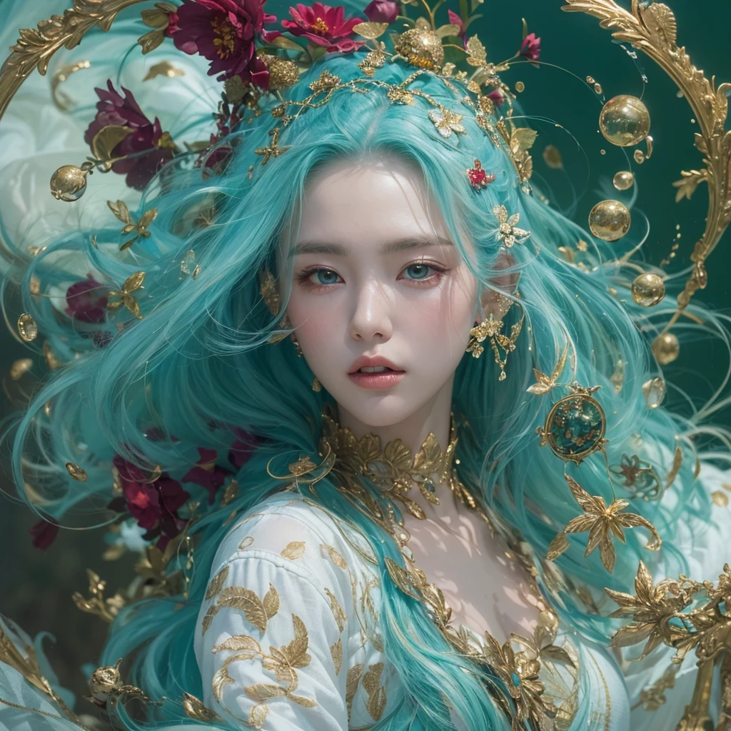 黄 blue colors，enamel，agate，A flesh-colored world，Blood Blue Maiden 32k（masterpiece，HD，Aoyama Pond，Ultra high quality，32k）long flowing bright blue hair，blood pool，Ziddink， a color，Grumpy （After greeting）， （Linen scarf）， fighting stance， looking at the ground， long white hair， Floating bright blue， Fire cloud gold headdress， Chinese long-sleeved gold silk burgundy garment， （Abstract metaverse splash：1.2）， White background，Peony flower vitality protector（realistically：1.4），bright purple hair，Smoke on the road，The background is very pure， high resolution， detail， RAW photos， Sharp Re， Nikon D850 film photo by Jefferies Lee 4 Kodak Portra 400 camera F1.6 guns, colorful, Ultra-realistic and vivid textures, dramatic lighting, Unreal Engine Art Station Trend, Sinest 800，一个有着long flowing bright blue hair的女孩，huge colorful bubbles