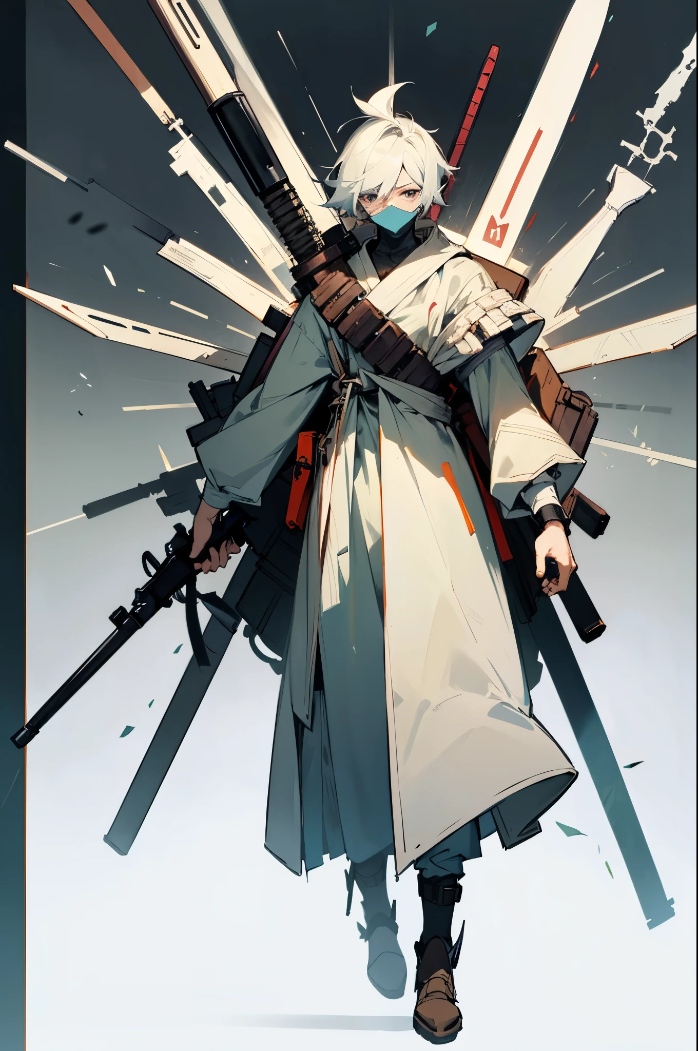genderless person carrying an arsenal of weapons on his back