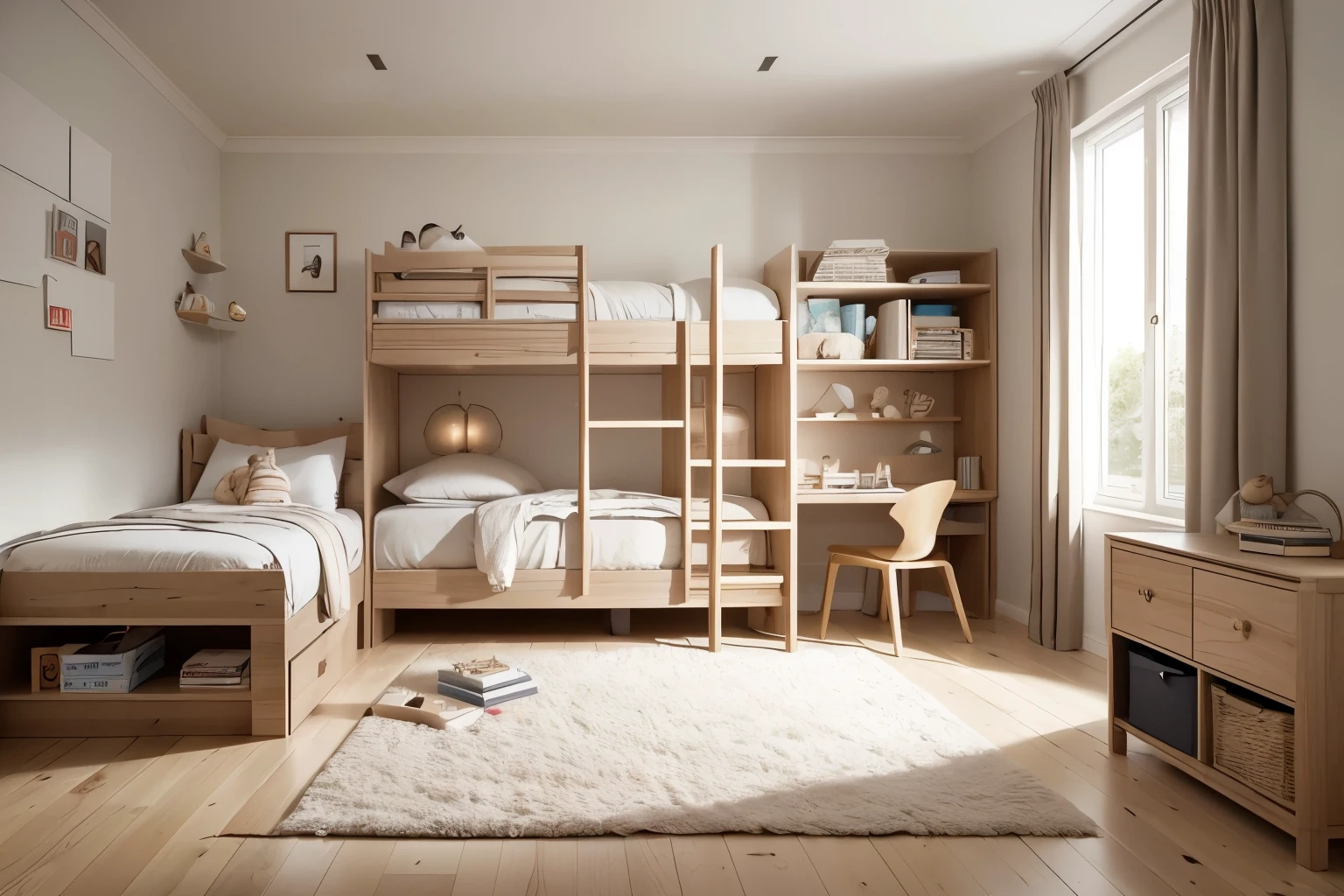 Create a visual representation of an elegantly designed bedroom space for two boys aged 6, emphasizing joyfulness, within a compact area measuring 5.5m x 3.6m x 3m. Employ a palette of soft pastel browns and neutral tones to evoke cosiness. Utilize multi-functional furniture, such as bunk bed, integrated storage solutions, and bookshelf, complemented by thermally efficient materials and textures, to ensure comfort and practicality, more lively to create children's vibe, create a scene to see the whole room, extremely details, cinematic, realistic, 8k