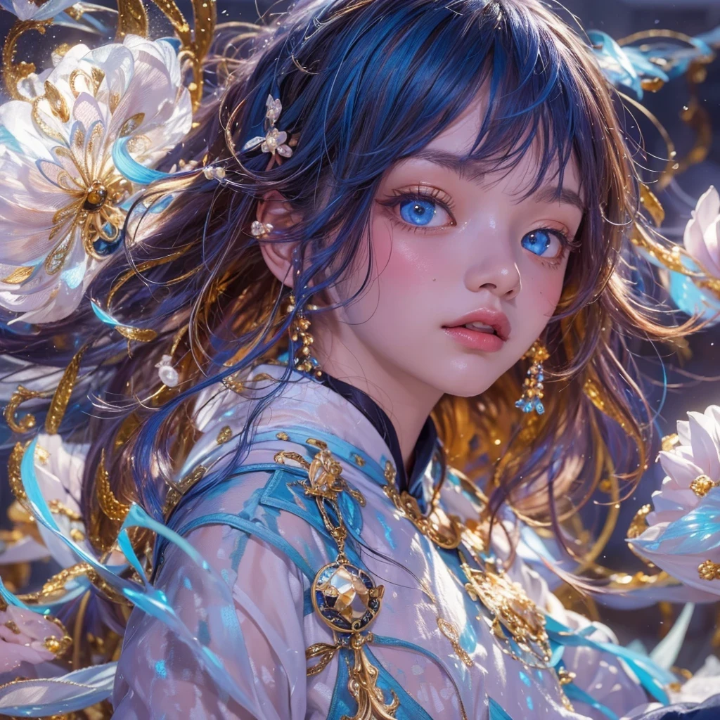 黄 blue colors，enamel，agate，A flesh-colored world，Blood Blue Maiden 32k（masterpiece，HD，Aoyama Pond，Ultra high quality，32k）long flowing bright blue hair，blood pool，Ziddink， a color，Grumpy （After greeting）， （Linen scarf）， fighting stance， looking at the ground， long white hair， Floating bright blue， Fire cloud gold headdress， Chinese long-sleeved gold silk burgundy garment， （Abstract metaverse splash：1.2）， White background，Peony flower vitality protector（realistically：1.4），bright purple hair，Smoke on the road，The background is very pure， high resolution， detail， RAW photos， Sharp Re， Nikon D850 film photo by Jefferies Lee 4 Kodak Portra 400 camera F1.6 guns, colorful, Ultra-realistic and vivid textures, dramatic lighting, Unreal Engine Art Station Trend, Sinest 800，一个有着long flowing bright blue hair的女孩，huge colorful bubbles