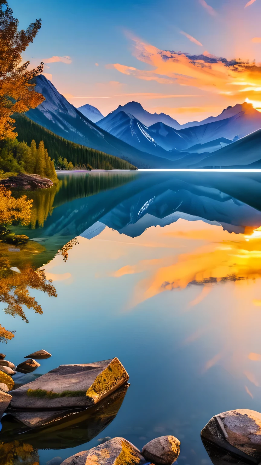 Majestic Mountain Sunrise: Generate an awe-inspiring landscape featuring a majestic mountain range at sunrise. Capture the warm hues of the sun kissing the peaks, with a serene lake reflecting the morning sky.  Masterpiece, best quality, high quality, highly detailed CG unity 8k wallpaper, textured landscape, award winning photography, bokeh, depth of field, HDR, bloom, chromatic aberration, photorealistic, highly detailed, intricate, high detail, dramatic