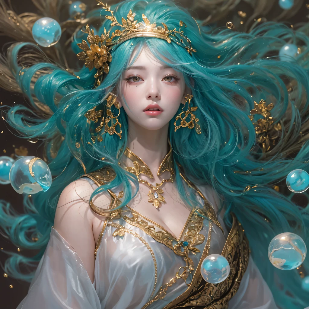黄 blue colors，enamel，agate，A flesh-colored world，Blood Blue Maiden 32k（masterpiece，HD，Aoyama Pond，Ultra high quality，32k）long flowing bright blue hair，blood pool，Ziddink， a color，Grumpy （After greeting）， （Linen scarf）， fighting stance， looking at the ground， long white hair， Floating bright blue， Fire cloud gold headdress， Chinese long-sleeved gold silk burgundy garment， （Abstract metaverse splash：1.2）， White background，Peony flower vitality protector（realistically：1.4），bright purple hair，Smoke on the road，The background is very pure， high resolution， detail， RAW photos， Sharp Re， Nikon D850 film photo by Jefferies Lee 4 Kodak Portra 400 camera F1.6 guns, colorful, Ultra-realistic and vivid textures, dramatic lighting, Unreal Engine Art Station Trend, Sinest 800，一个有着long flowing bright blue hair的女孩，huge colorful bubbles