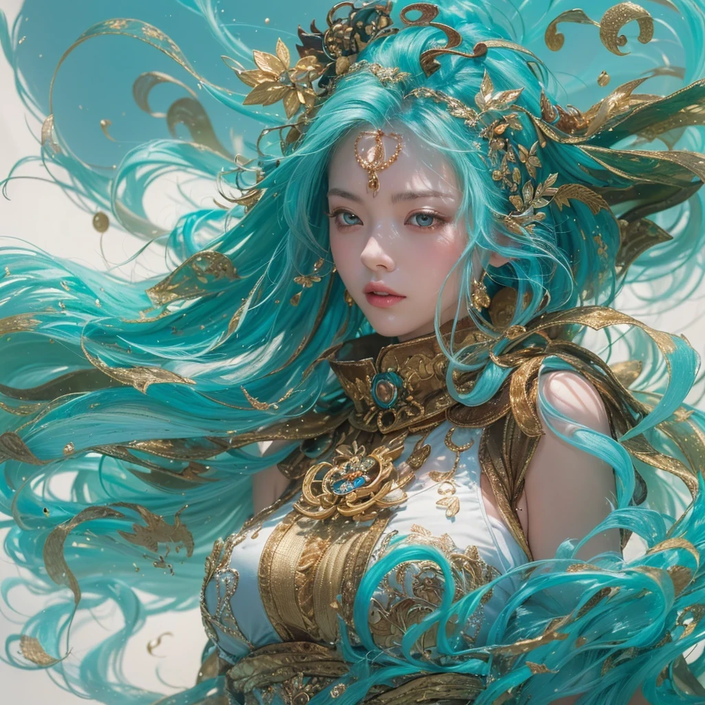黄 blue colors,enamel,agate,A flesh-colored world,Blood Blue Maiden 32k(masterpiece,HD,Aoyama Pond,Ultra high quality,32k)long flowing bright blue hair,blood pool,Ziddink, a color,Grumpy (After greeting), (Linen scarf), fighting stance, looking at the ground, long white hair, Floating bright blue, Fire cloud gold headdress, Chinese long-sleeved gold silk burgundy garment, (Abstract metaverse splash:1.2), White background,Peony flower vitality protector(realistically:1.4),bright purple hair,Smoke on the road,The background is very pure, high resolution, detail, RAW photos, Sharp Re, Nikon D850 film photo by Jefferies Lee 4 Kodak Portra 400 camera F1.6 guns, colorful, Ultra-realistic and vivid textures, dramatic lighting, Unreal Engine Art Station Trend, Sinest 800,一个有着long flowing bright blue hair的女孩,huge colorful bubbles