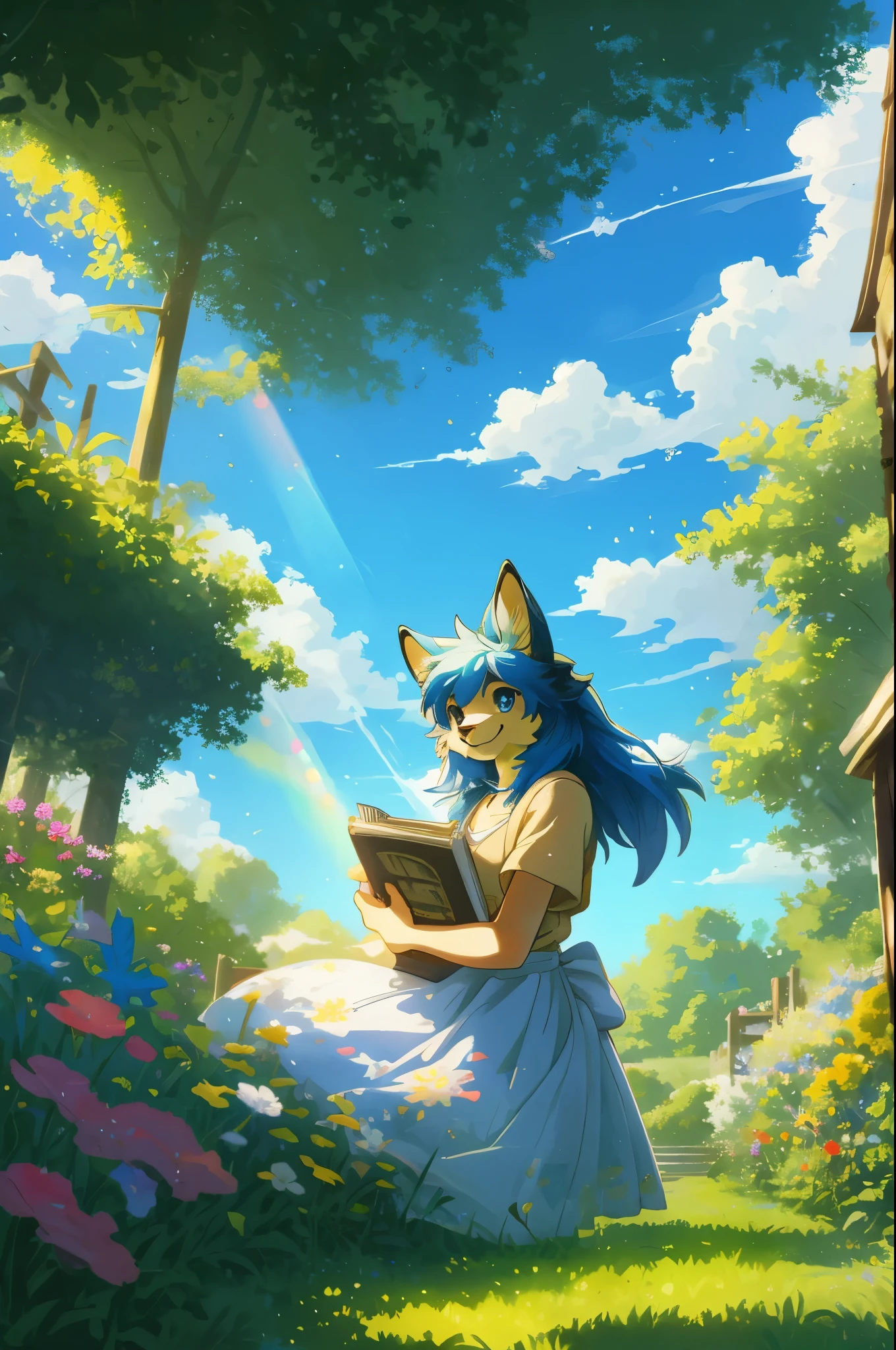 (Best Quality, Masterpiece), 1 girl, reading a book, particle, wind, flower, Upper part of the body, simple background, looking at the viewer, rainbow hair, short teal floating dress, Cosmic, nebulae, galaxy busty very big breasts