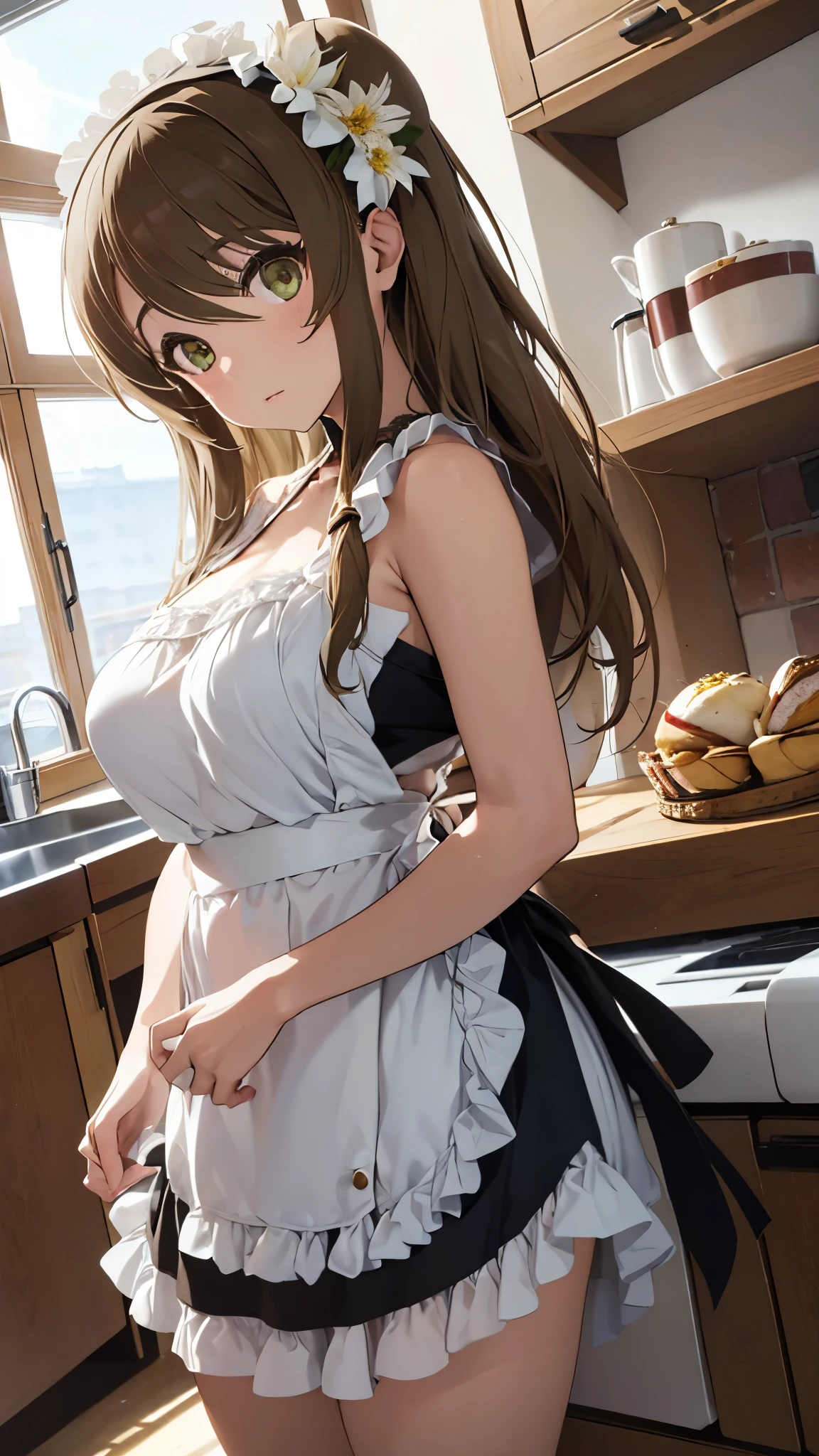 1girl, 18yo, idol, shiny skin, 1girl, (wearing nothing:1.1), (wearing simple apron over body:1.2), (bare back, bare hips, bare ass, bare legs), standing in the kitchen, nsfw