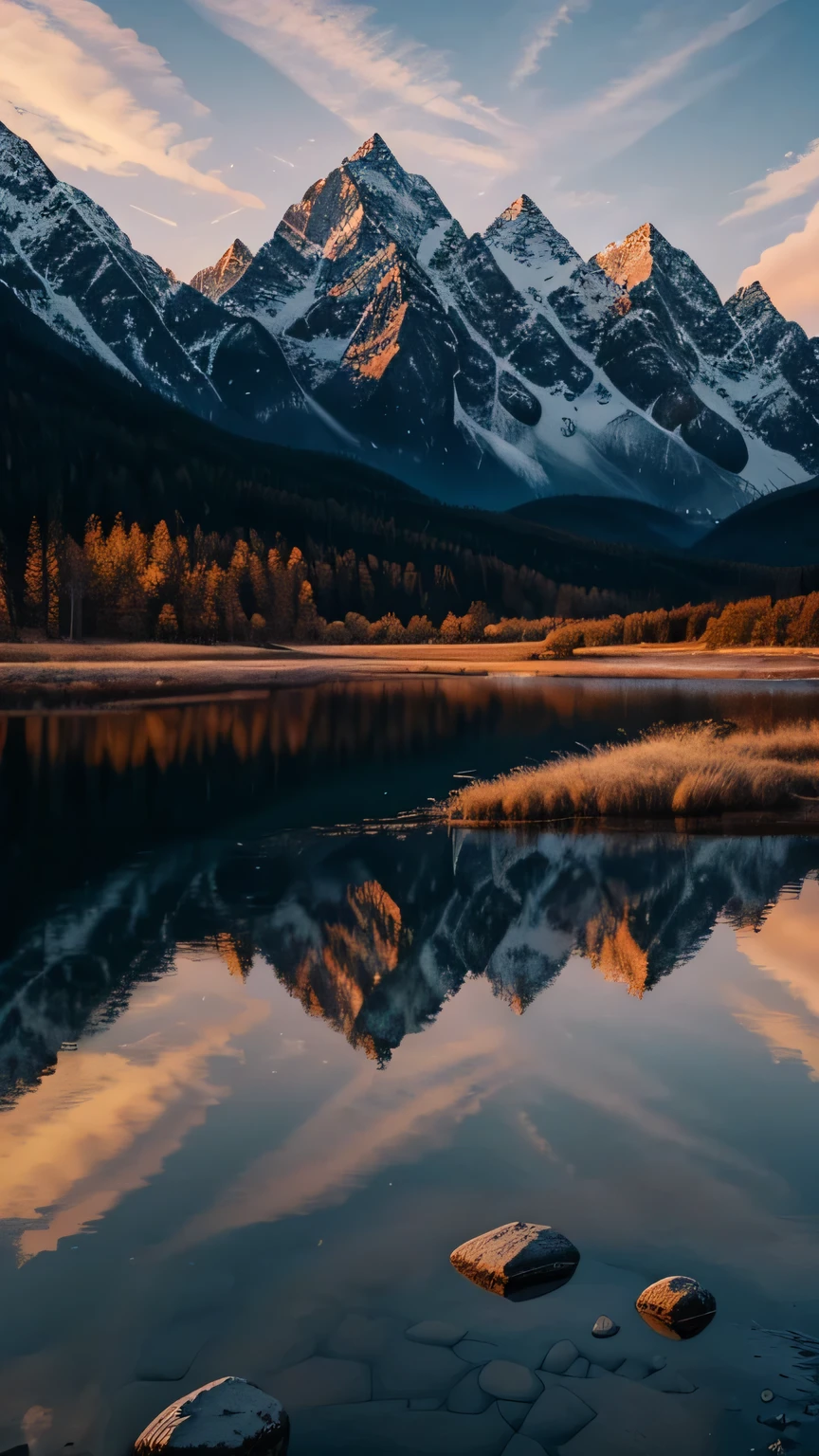 Majestic Mountain Sunrise: Generate an awe-inspiring landscape featuring a majestic mountain range at sunrise. Capture the warm hues of the sun kissing the peaks, with a serene lake reflecting the morning sky. Masterpiece, best quality, high quality, highly detailed CG unity 8k wallpaper, textured landscape, award-winning photography, bokeh, depth of field, HDR, bloom, chromatic aberration, photorealistic, highly detailed, trending on artstation, trending on CGsociety, intricate, high detail, dramatic.