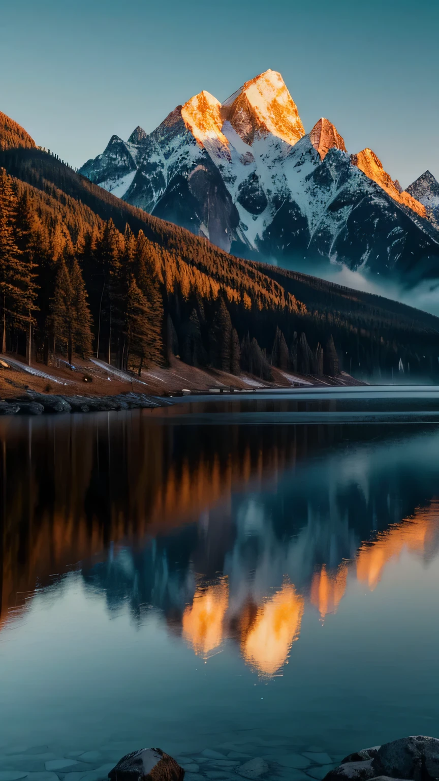 Majestic Mountain Sunrise: Generate an awe-inspiring landscape featuring a majestic mountain range at sunrise. Capture the warm hues of the sun kissing the peaks, with a serene lake reflecting the morning sky. Masterpiece, best quality, high quality, highly detailed CG unity 8k wallpaper, textured landscape, award-winning photography, bokeh, depth of field, HDR, bloom, chromatic aberration, photorealistic, highly detailed, trending on artstation, trending on CGsociety, intricate, high detail, dramatic.