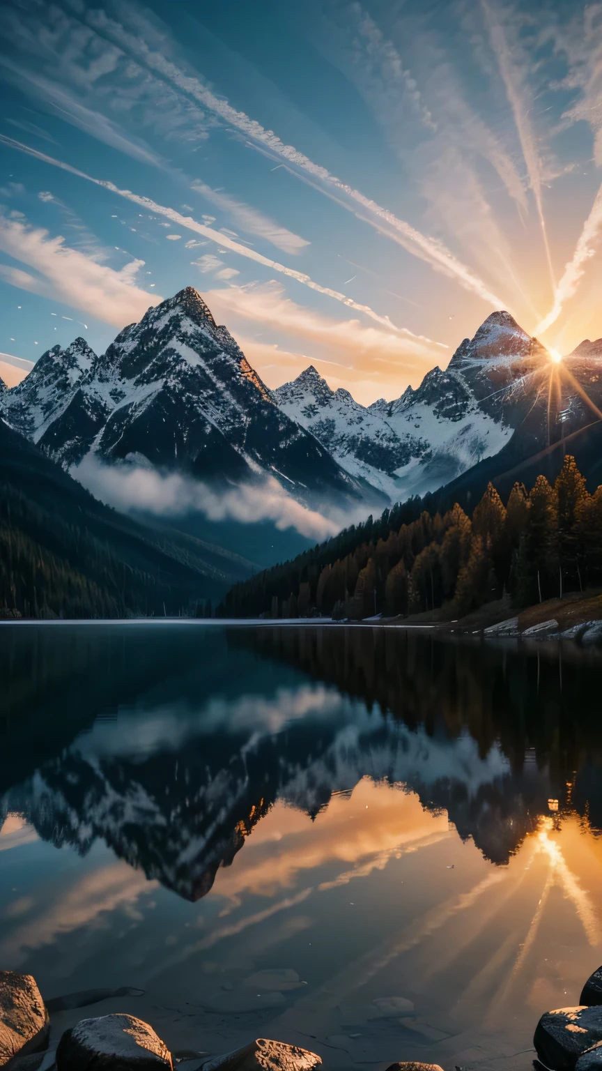 Majestic Mountain Sunrise: Generate an awe-inspiring landscape featuring a majestic mountain range at sunrise. Capture the warm hues of the sun kissing the peaks, with a serene lake reflecting the morning sky. Masterpiece, best quality, high quality, highly detailed CG unity 8k wallpaper, textured landscape, award-winning photography, bokeh, depth of field, HDR, bloom, chromatic aberration, photorealistic, highly detailed, trending on artstation, trending on CGsociety, intricate, high detail, dramatic.